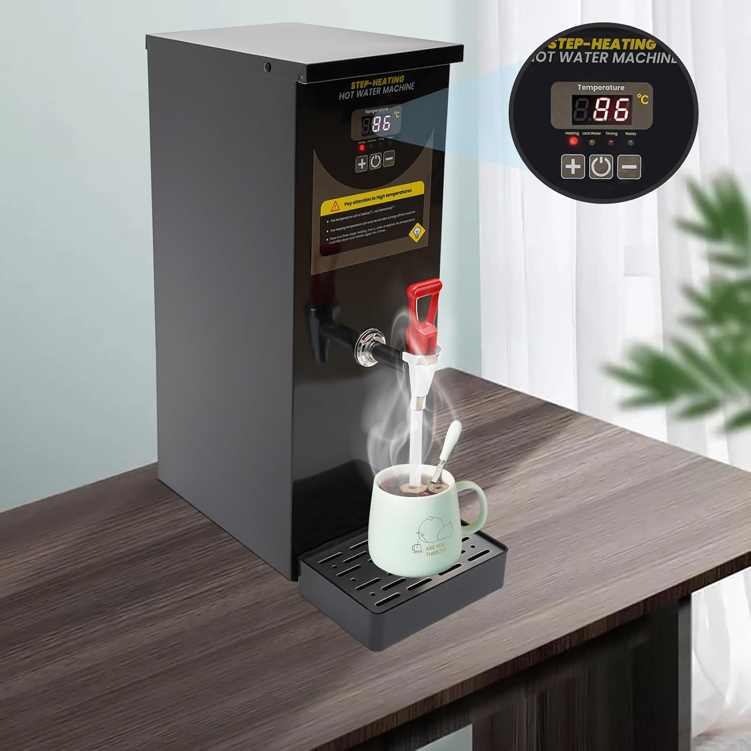 Commercial Hot Water Dispenser with Spigot, 9 Gallon Per Hour Electric Water Boiler Warmer 30-100℃ Temp Adjustable, Stainless Steel Hot Water Machine for Tea Coffee Shops 2Gal Capacity (Black)