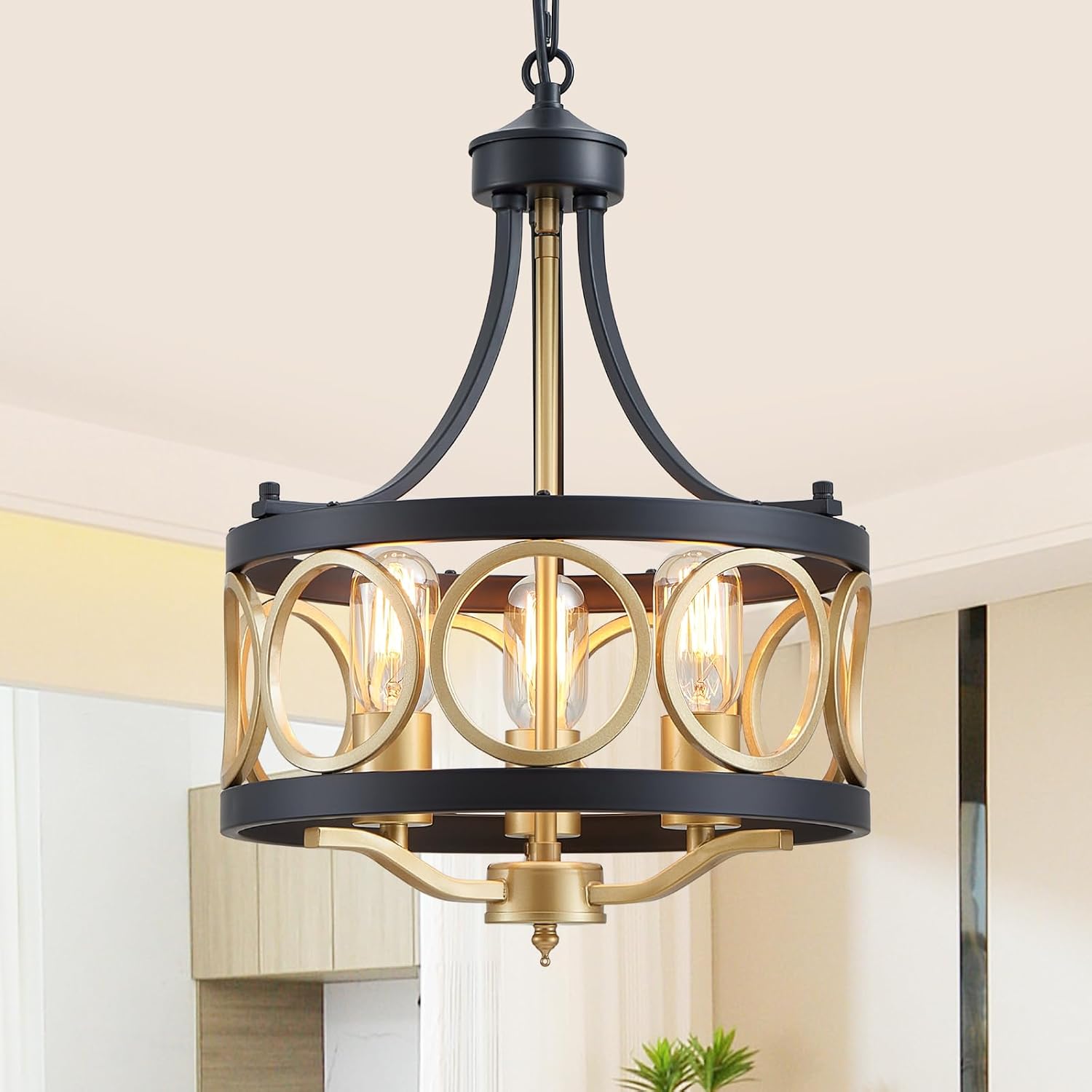 XINGQI 12.6' Modern Farmhouse Chandelier 13 Inch Black Gold Chandeliers Small Drum Dining Room Light Fixture 3-Light Rustic Metal Pendant Lamp for Entryway Bedroom Hallway E26 Base