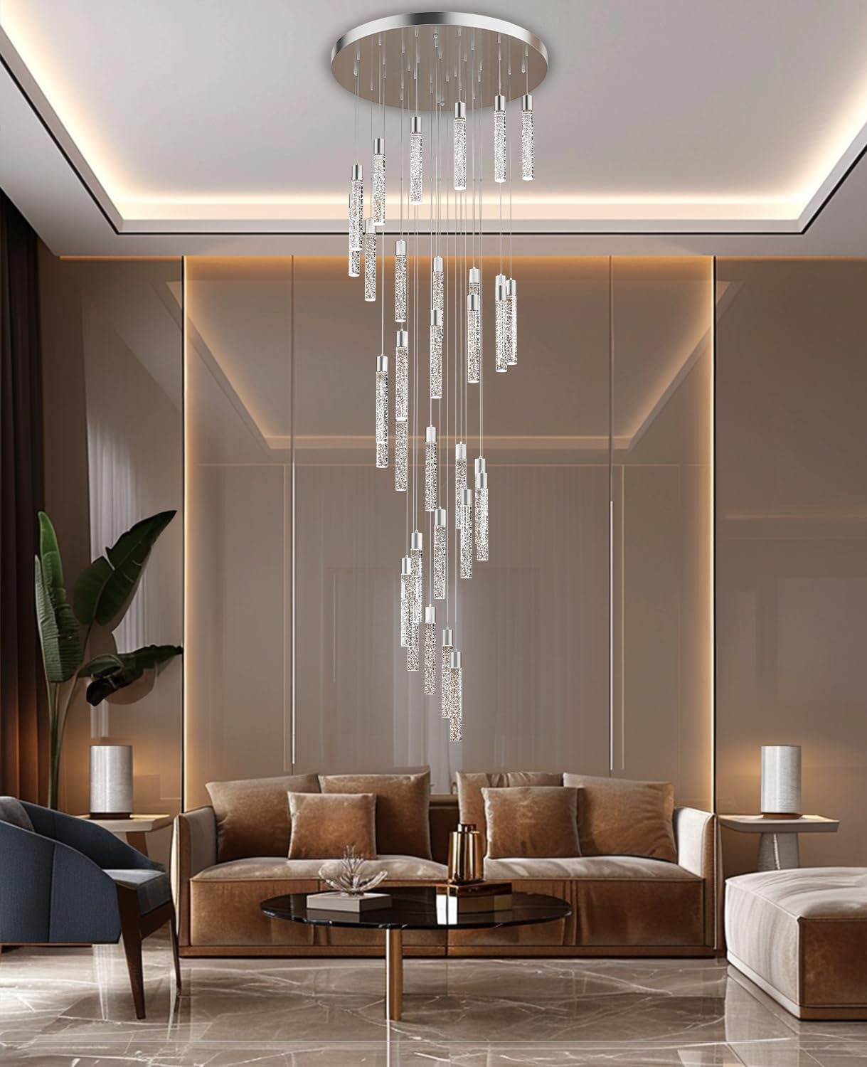 Pendant Lights Kitchen Island, 3000K-6500K Modern Kitchen Island Lights Brushed Nickel, 36-Light Ceiling Lighting Fixtures with Crystal Bubble, Integrated LED Hanging Light for Living Room