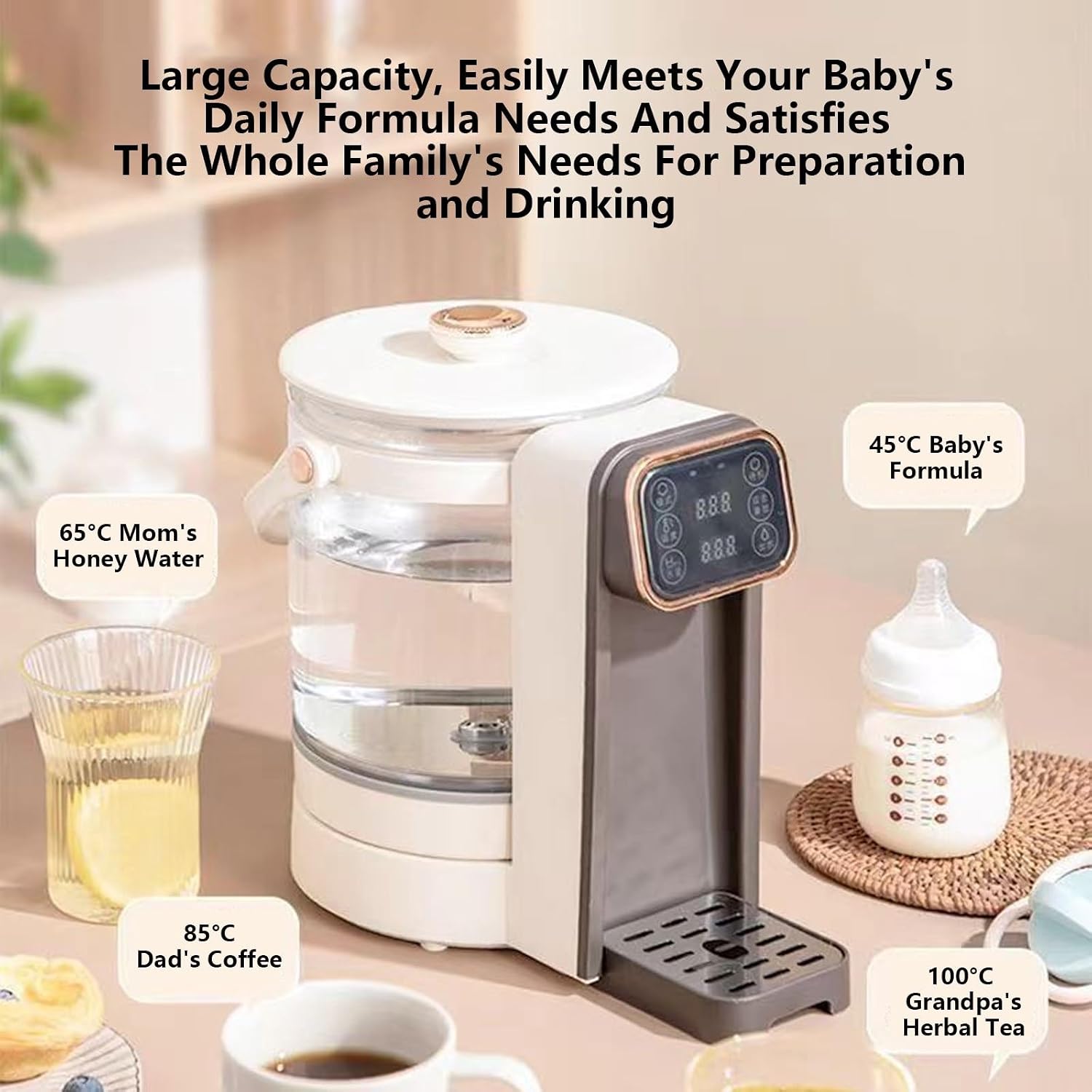 Instant Water Warmer Hot Water Dispenser Hot Water Machine Detachable Glass Tank Easy Cleaning Touch Screen Safety Lock for Home Baby Office