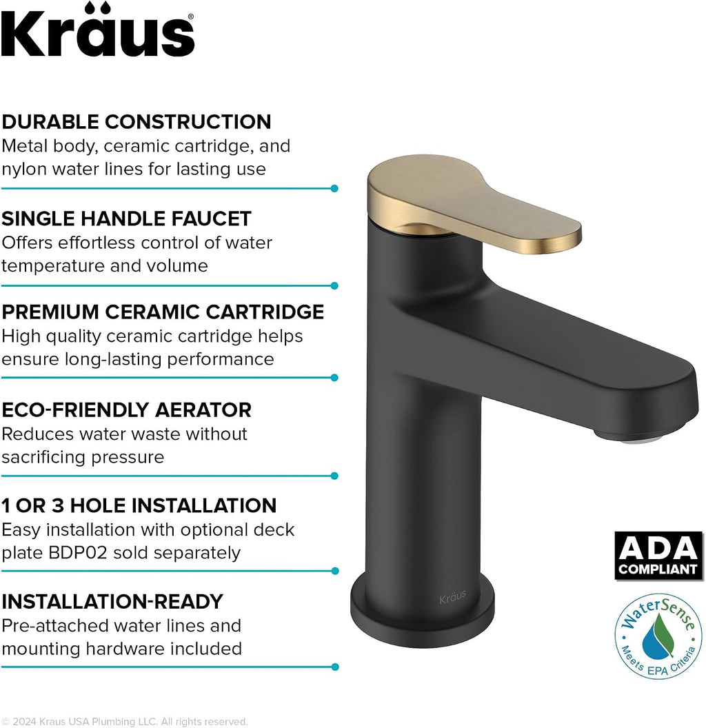 KRAUS Indy Single Handle One Hole Bathroom Sink Faucet in Spot-Free Brushed Brass/Matte Black, KBF-1411SFBBMB