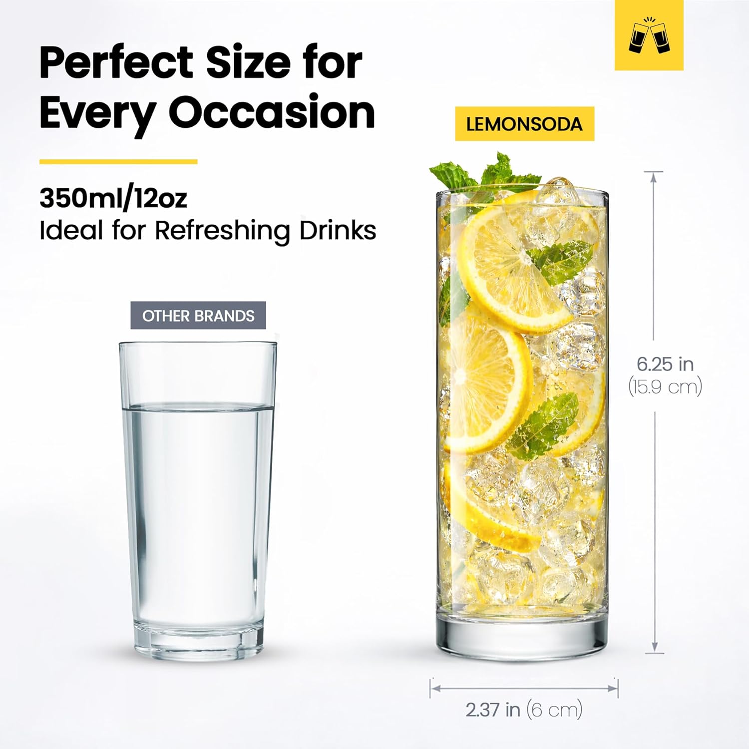 LEMONSODA Highball Glasses 12oz Set of 48 | Lead-Free Glass Durable Weighted Base | Dishwasher Safe Cocktail Glassware for Mojito Whiskey Iced Tea Water | Gift Box Included Modern Design