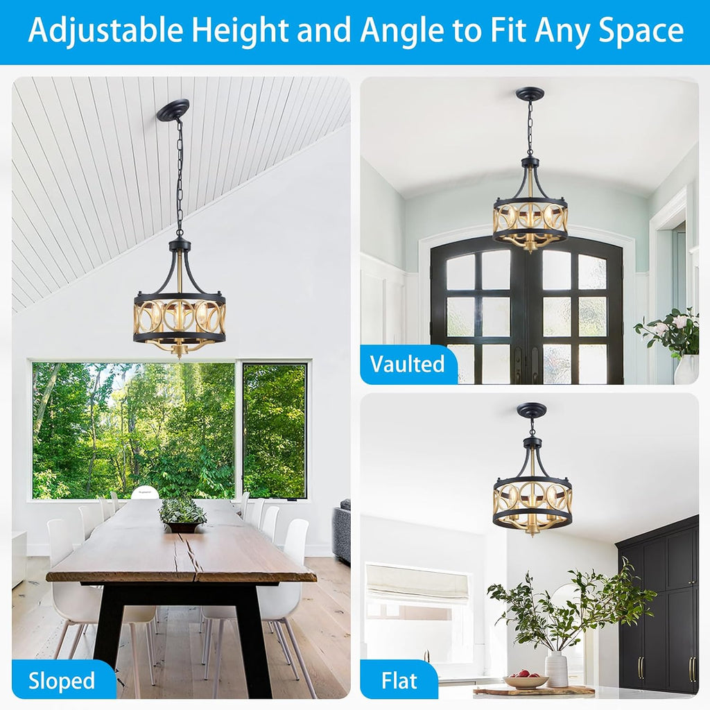 XINGQI 12.6' Modern Farmhouse Chandelier 13 Inch Black Gold Chandeliers Small Drum Dining Room Light Fixture 3-Light Rustic Metal Pendant Lamp for Entryway Bedroom Hallway E26 Base