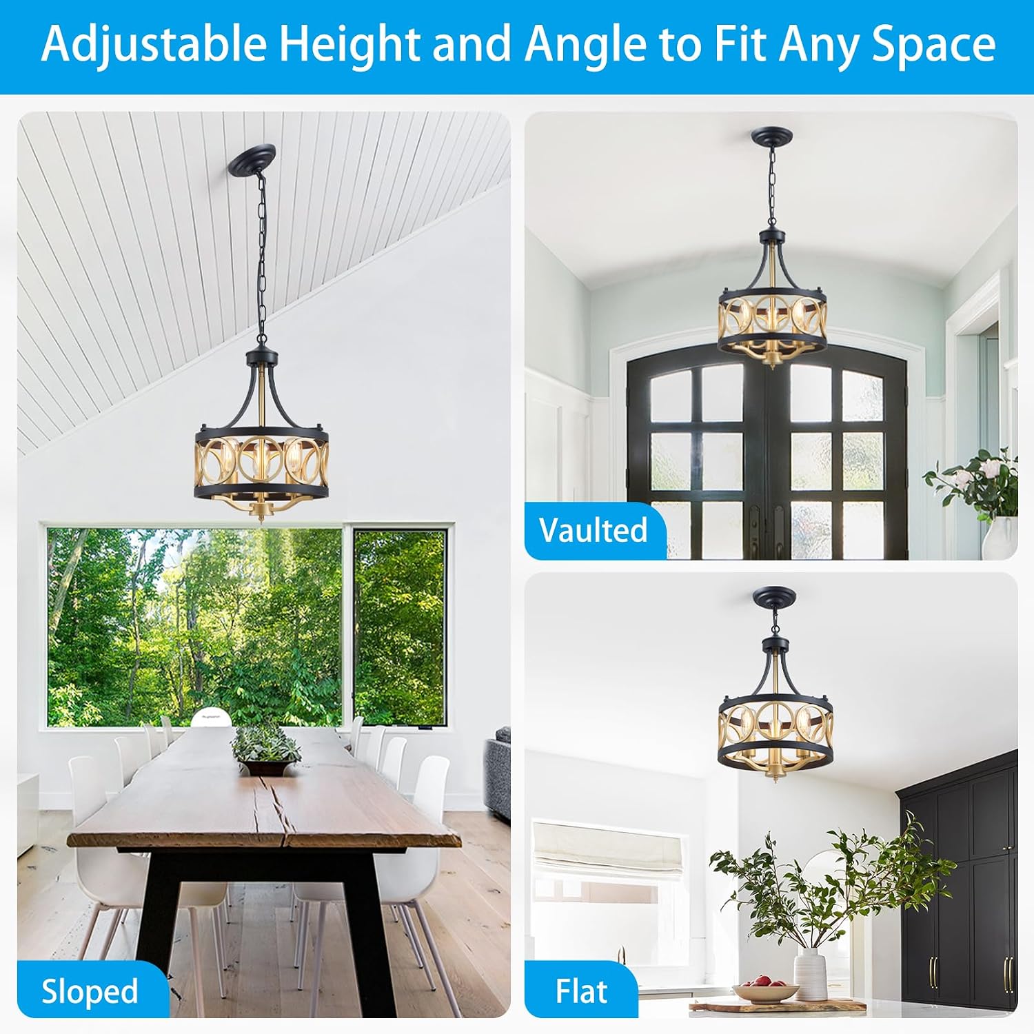 XINGQI 12.6' Modern Farmhouse Chandelier 13 Inch Black Gold Chandeliers Small Drum Dining Room Light Fixture 3-Light Rustic Metal Pendant Lamp for Entryway Bedroom Hallway E26 Base