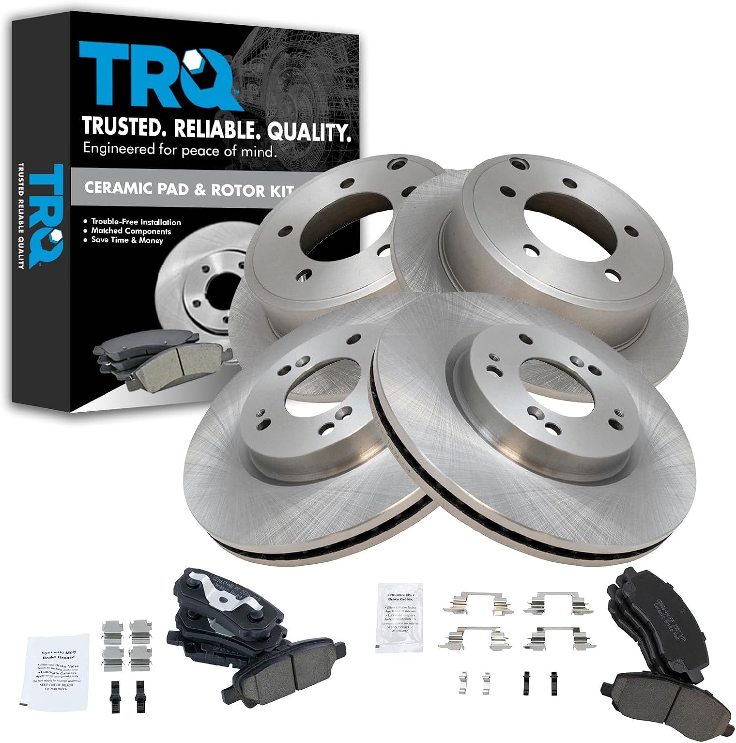 TRQ Front and Rear Ceramic Brake Pad and Rotor Set Compatible with 12-14 Chrysler 200 with 262 mm Diameter Rear Rotors with 294 mm Diameter Front Rotors