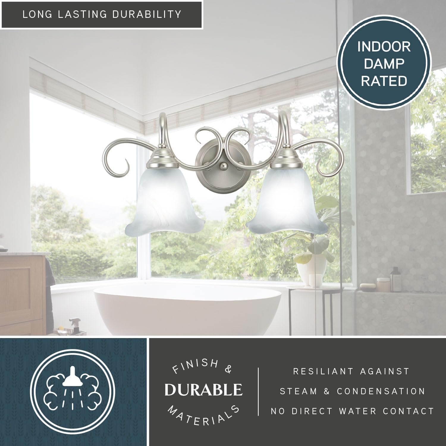 VAXCEL Bella 2-Light 19.75 inch Wide Brushed Nickel Transitional Bathroom Vanity Lighting Fixture, White Alabaster Scalloped Glass Shade, Dimmable, LED Compatible, Over The Mirror Mounted Wall Sconce