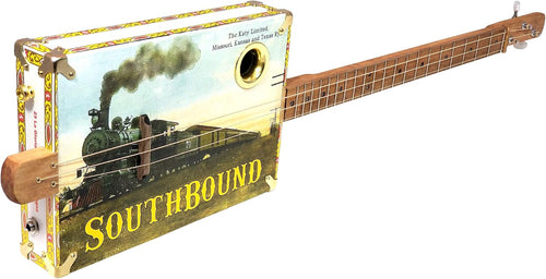 'The Southbound Katy' 3-string Acoustic-Electric Cigar Box Guitar - Featuring a Vintage Railroad Postcard Design!