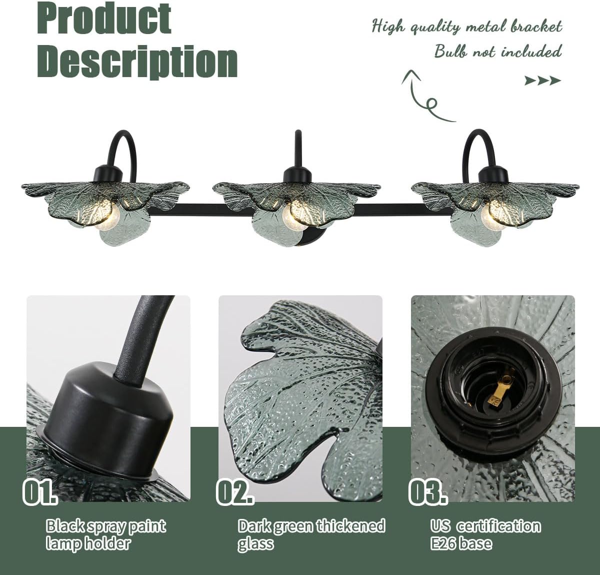 Black Bathroom Vanity Light mid Century Wall Sconce 3-Light Bathroom Wall Light Wall lamp with Dark Green Glass Shade Mirror Black Vanity Light Over Mirror for Bedroom Hallway Living Room