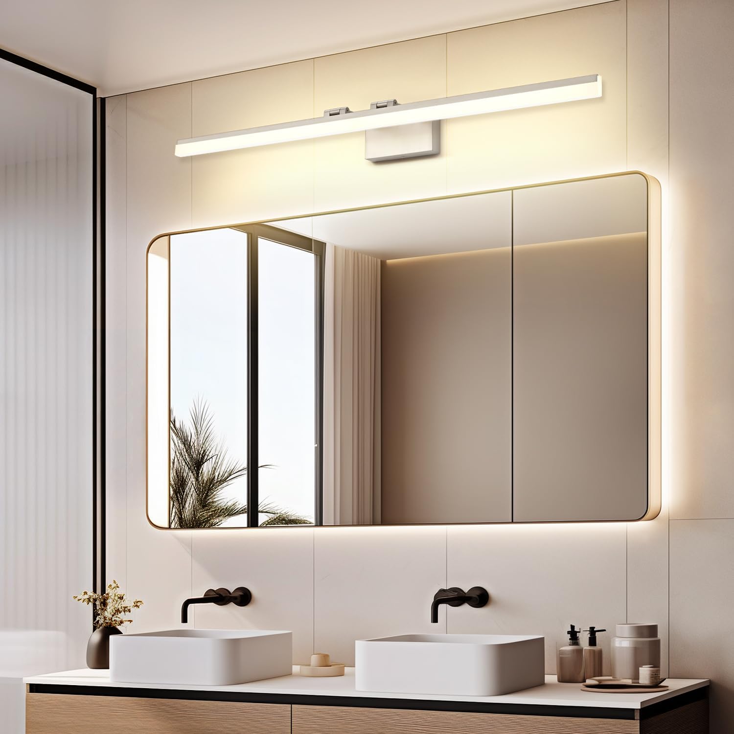 SOLFART 5 Color Temperature Dimmable 47.2 Inch Bathroom Light Fixtures Over Mirror Brushed Nickel Vanity Lights for Bathroom Modern LED Light Fixture 5CCT