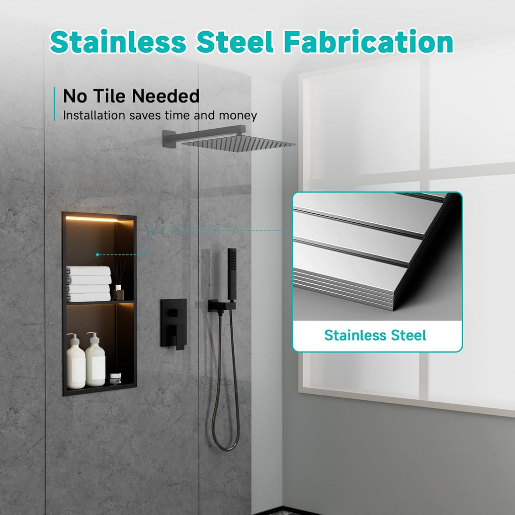12' X 24' Stainless Steel Shower Niche with LED Lights, Matte Black Double Shelves Recessed Shower Niche No Tile Needed for Bathroom/Bedroom Storage