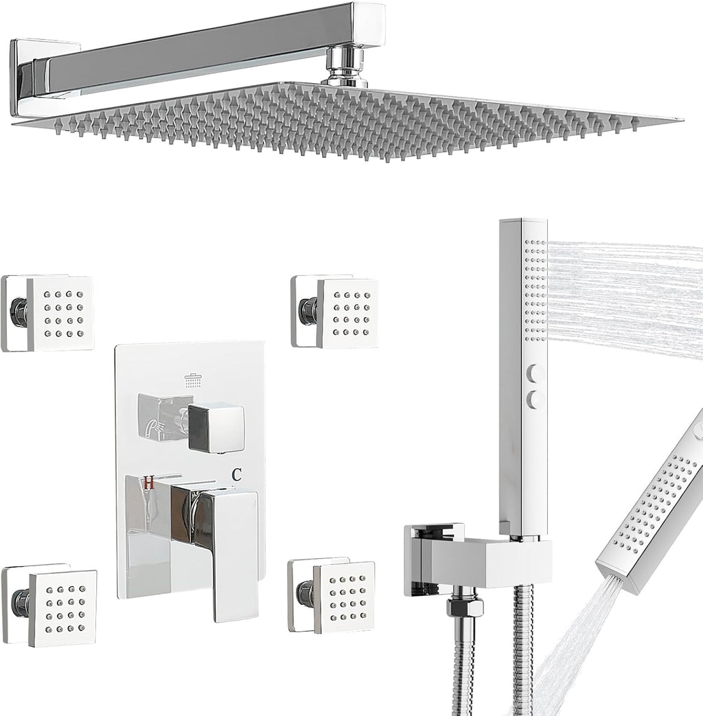 RUMOSE Rainfall Shower System with 4 Body Jets Wall Mounted 4 Mode Shower Faucet Set with 12 Inch Rain Shower Head and 2 in 1 Handheld Spray, Polished Chrome Brass Shower Fixtures, Rough-in Valve