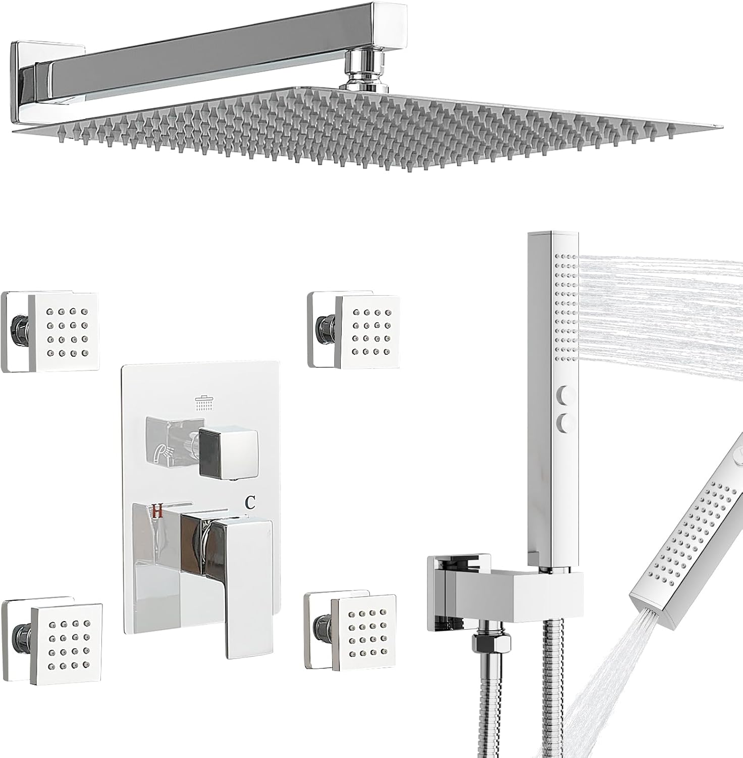 RUMOSE Rainfall Shower System with 4 Body Jets Wall Mounted 4 Mode Shower Faucet Set with 12 Inch Rain Shower Head and 2 in 1 Handheld Spray, Polished Chrome Brass Shower Fixtures, Rough-in Valve