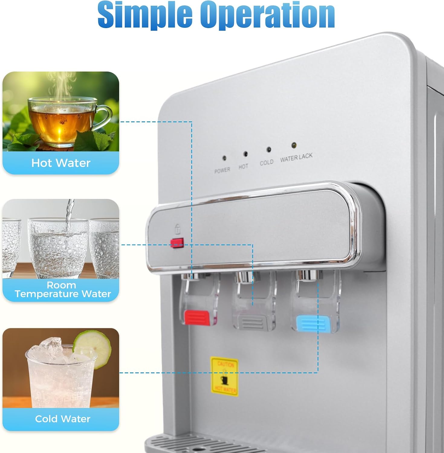 Bottom Loading Water Cooler Dispenser for 3 or 5 Gal Bottles Hot, Cold & Room Water 3 Temperature Settings Water Dispenser with Child Lock Cooling 50°F-59°F for Home Use(Silver 2)
