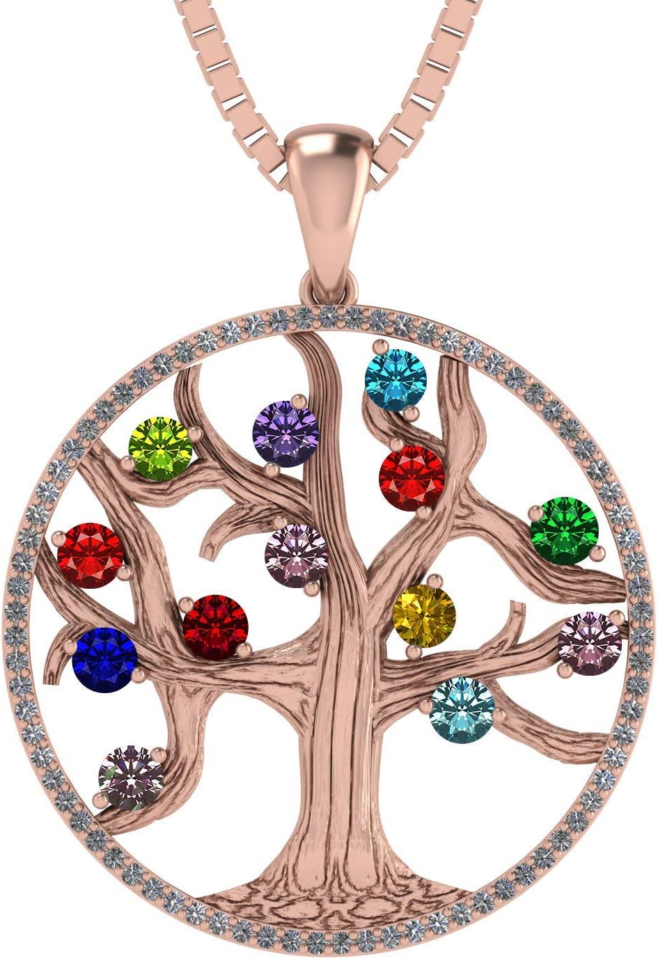 Central Diamond Center Tree of Life Mothers Birthstone Necklace in Silver-10K or 14K Gold. Up to 12stones