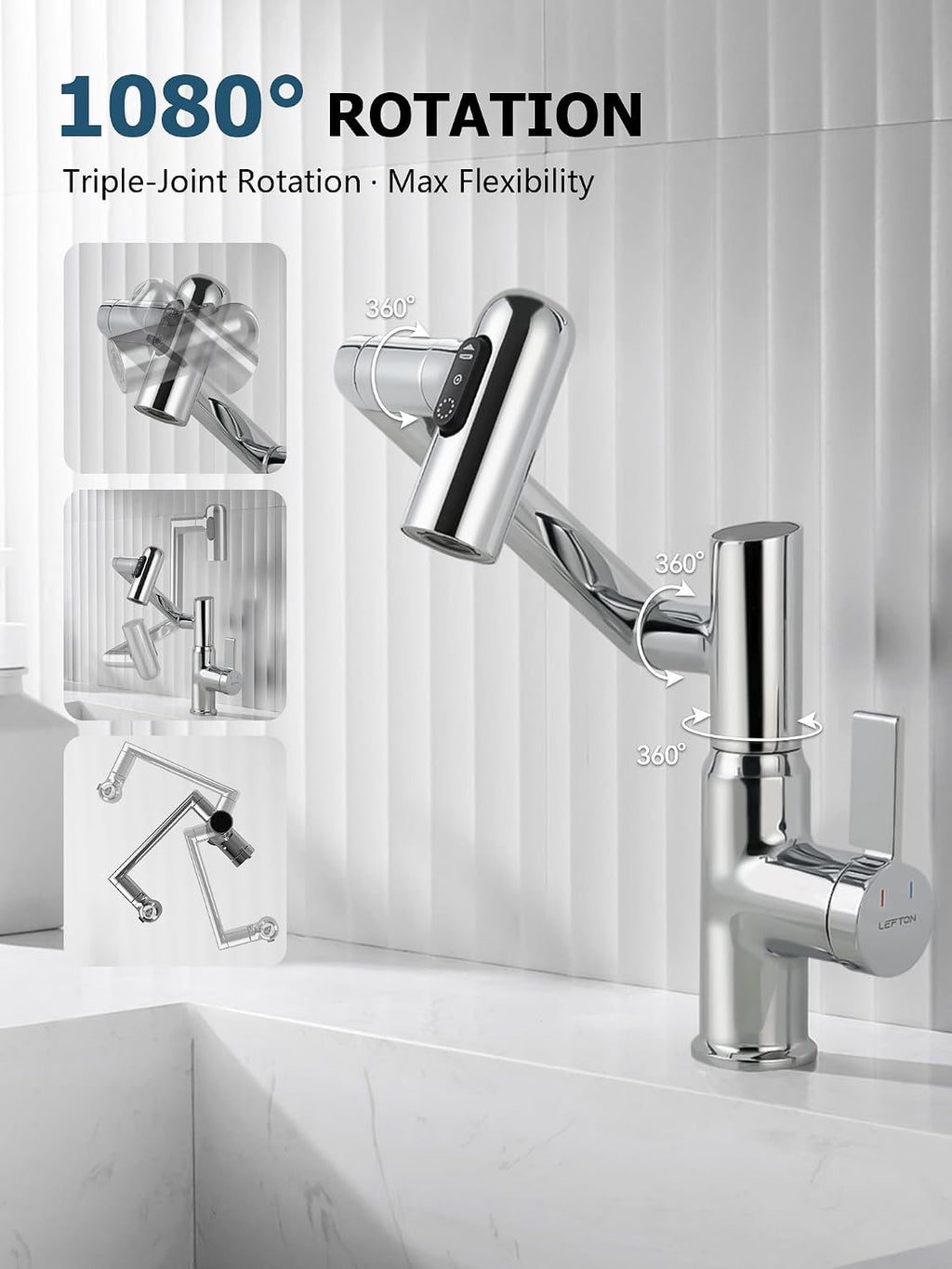 Lefton Rotatable Bathroom Faucet with Temperature Display in Fahrenheit (Batteries-Free), 3 Water Modes, Chrome, BF2204-1