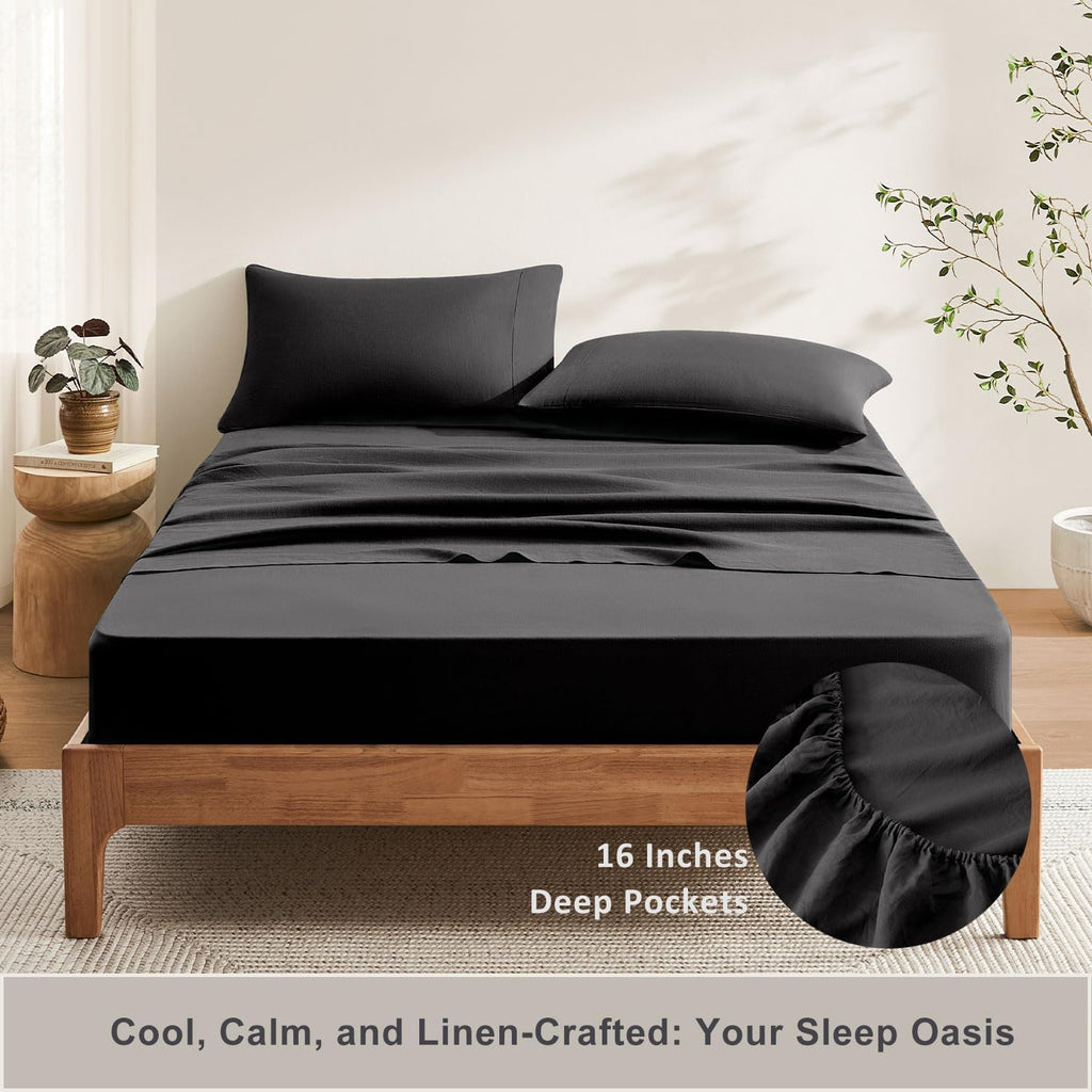 TOSMO Pure Linen Sheets Set, 100% French Natural Linen Flax Bedding 4pc Set (1 Flat Sheet, 1 Fitted Sheet, 2 Pillowcases) -King, Black