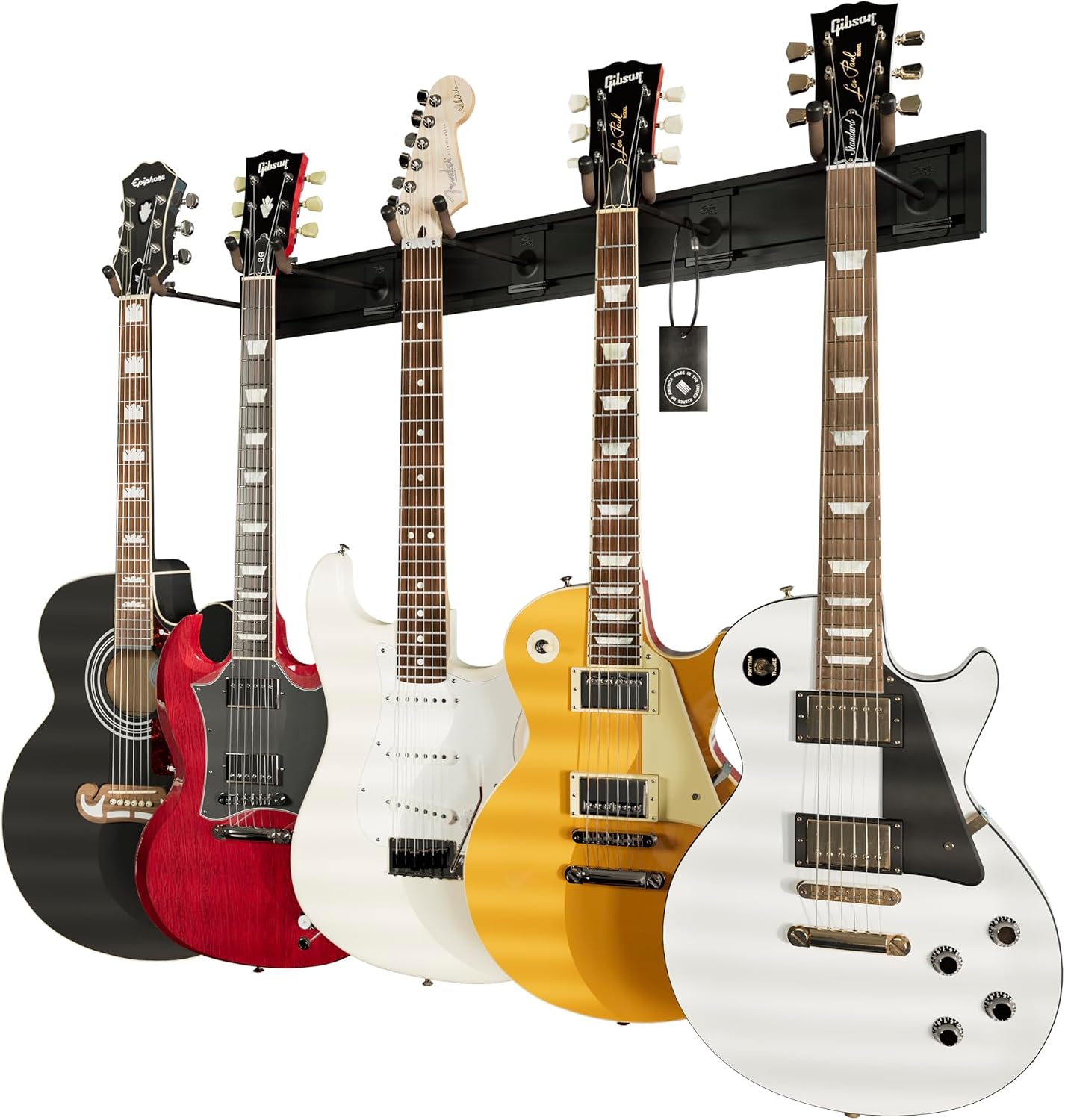 String Swing Guitar Wall Rack, Multiple Guitar Wall Mount, Guitar Organizer for Acoustic & Electric Guitars, 5 Padded Arm Hangers & Black Slatwall Rail, Wall Mount Guitar Rack - Made in USA