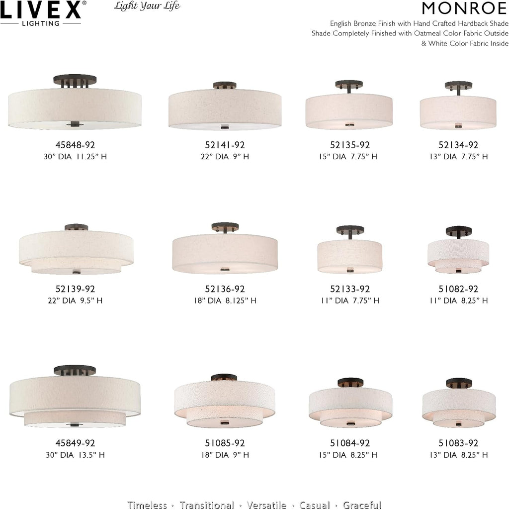 Livex Lighting 52136-92 Meridian Collection 4-Light Transitional Ceiling Mount Fixture with Oatmeal Color Fabric Hardback Shade, English Bronze