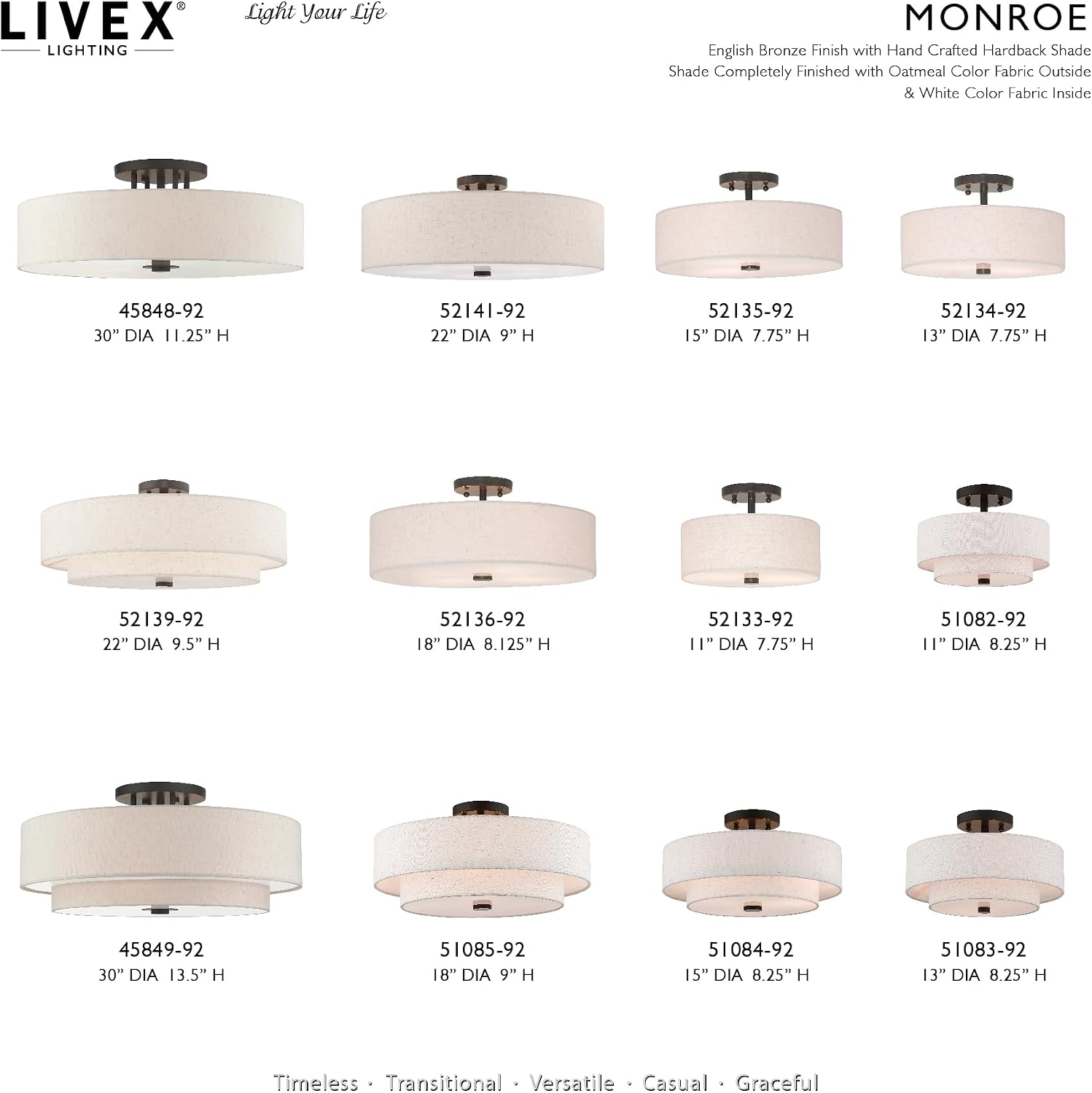 Livex Lighting 52136-92 Meridian Collection 4-Light Transitional Ceiling Mount Fixture with Oatmeal Color Fabric Hardback Shade, English Bronze