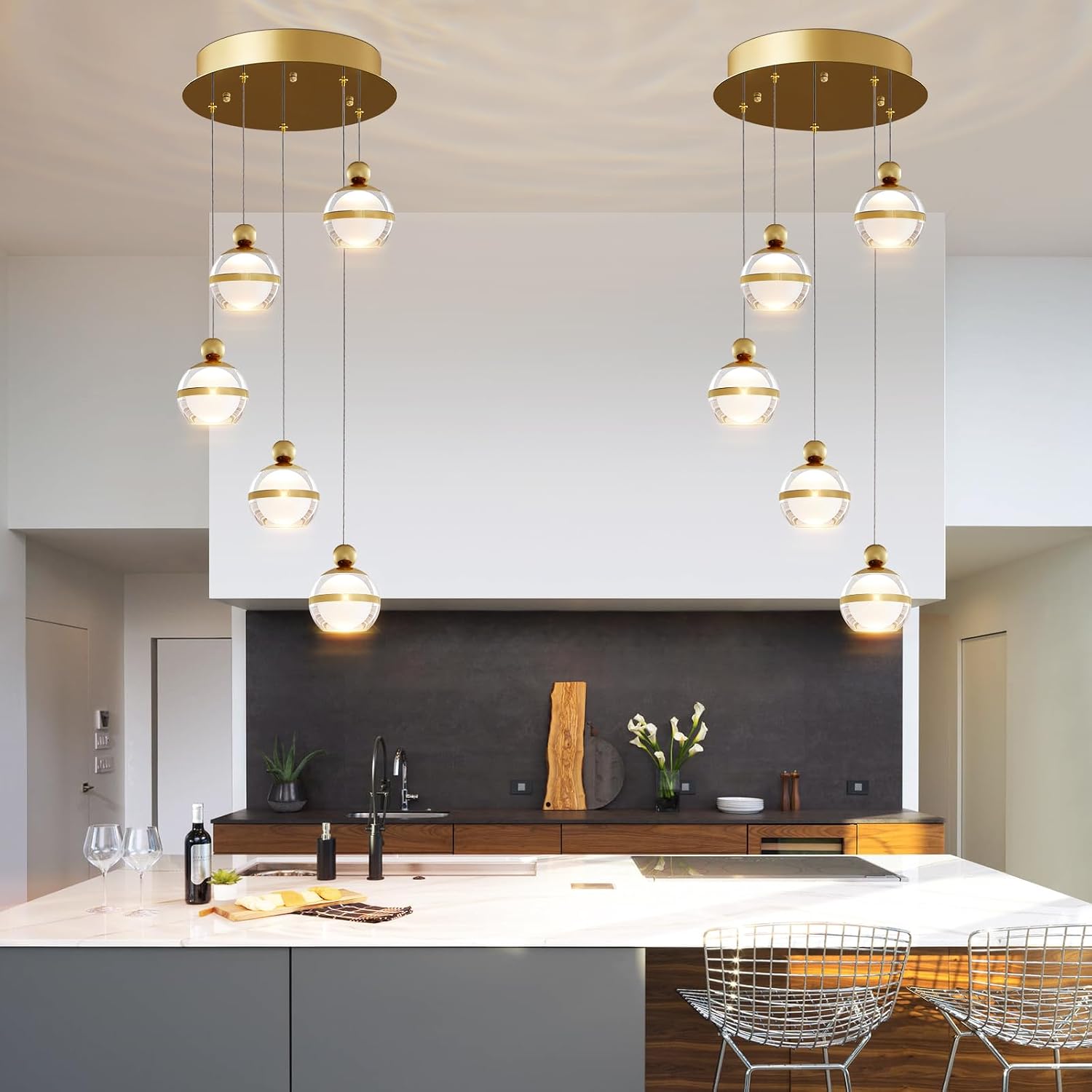 5-Light Gold Chandelier, 32W Modern LED Chandeliers, Adjustable Globe Hanging Ceiling Light Chandelier for Living Room Dining Room Foyer Staircase Entryway