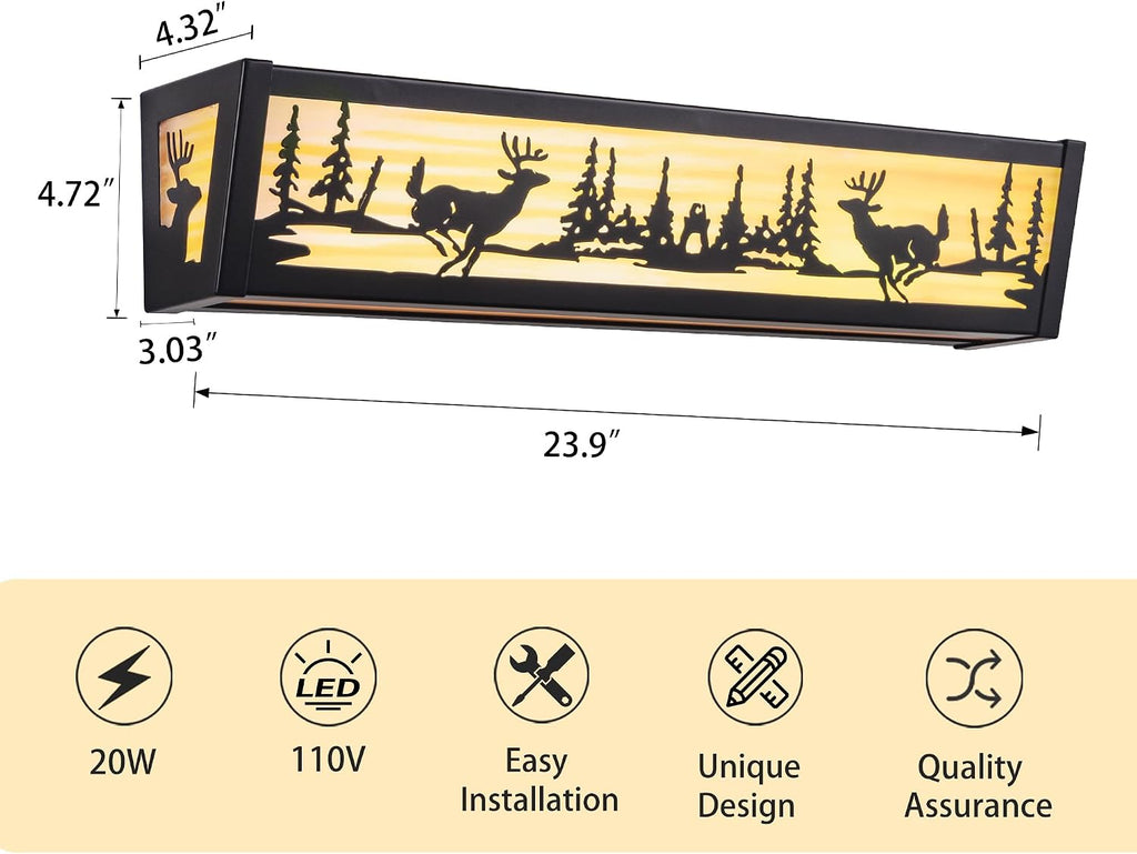 TOCHIC Farmhouse LED Bathroom Vanity Light Fixtures, Rustic Black Forest Deer Wildlife Vanity Lights Over Mirror, Western Sconces Wall Lighting for Bathroom, Cabinet, Powder Room, Living Room, 24' L