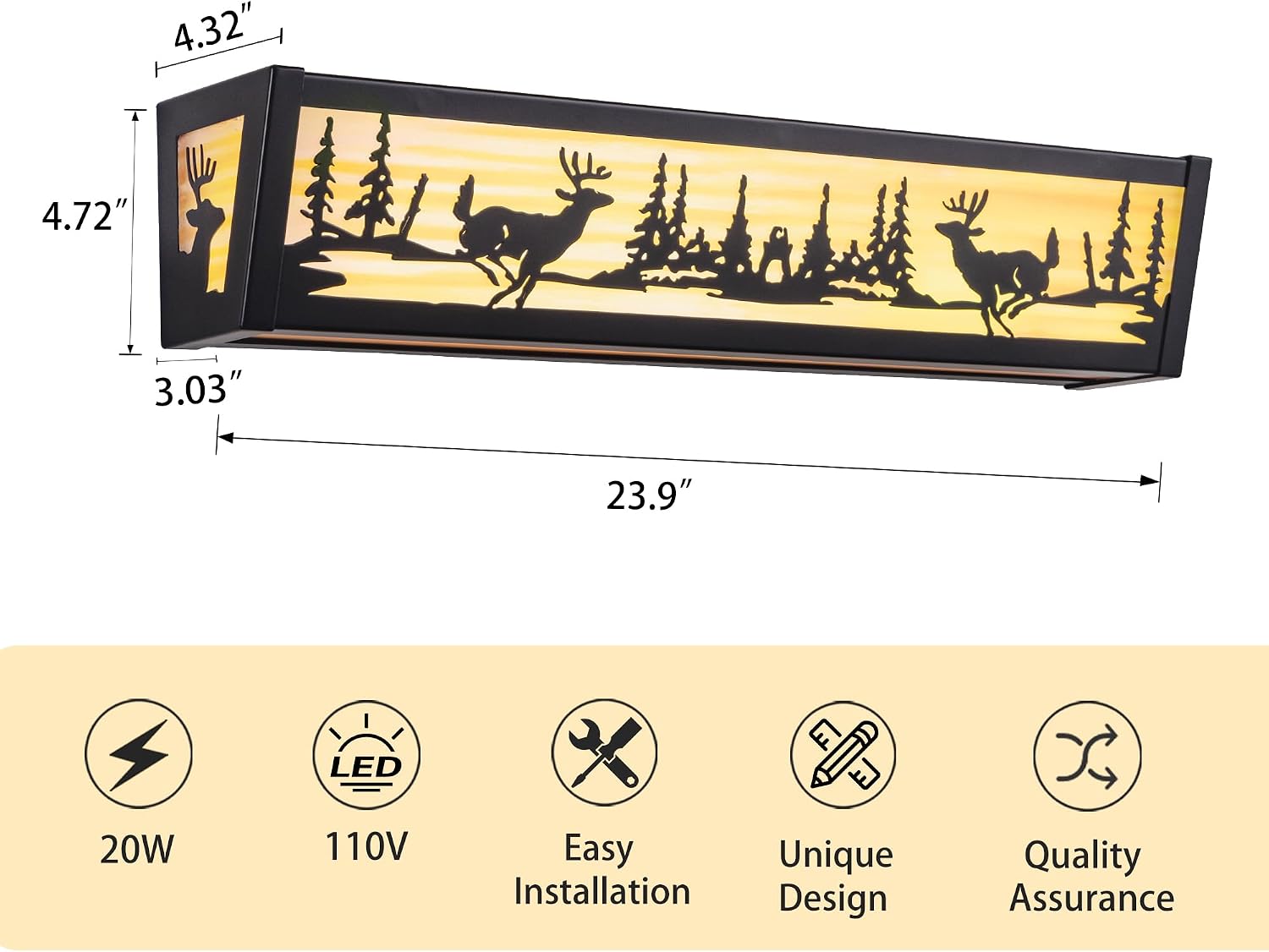 TOCHIC Farmhouse LED Bathroom Vanity Light Fixtures, Rustic Black Forest Deer Wildlife Vanity Lights Over Mirror, Western Sconces Wall Lighting for Bathroom, Cabinet, Powder Room, Living Room, 24' L