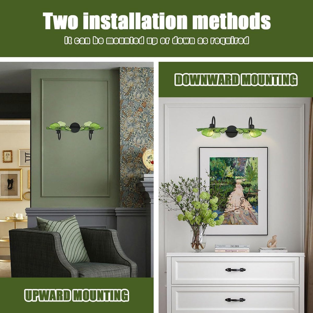 2-Light Wall Sconce Green Glass Vanity Light Vintage Matte Black Finished Mid Century Wall Sconce Light Black Wall Lighting Fixture for Bedside Doorway Bedroom, E26 Base