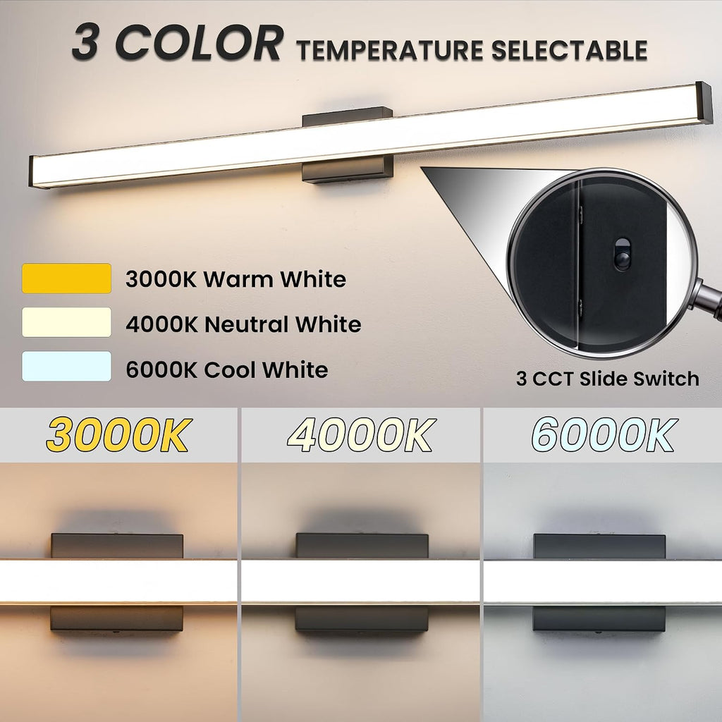 Modern LED Bathroom Vanity Light 48 inch 32W Dimmable 3CCT Bathroom Light Fixture Over Mirror Rectangle Bath Vanity Light Bar with Double Layer Acrylic Shade (Matte Black)