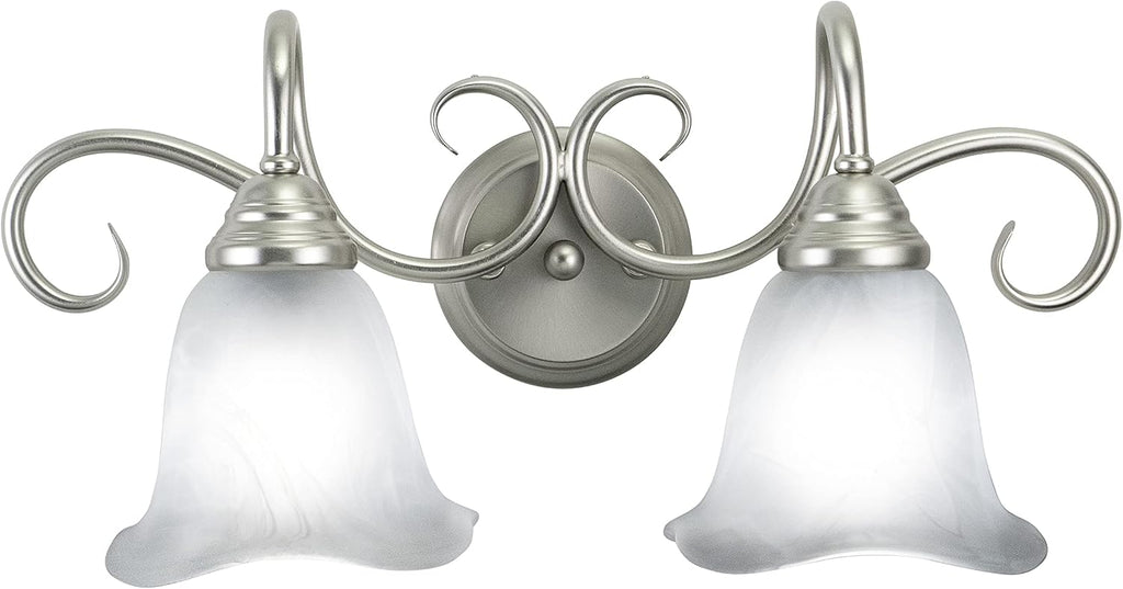 VAXCEL Bella 2-Light 19.75 inch Wide Brushed Nickel Transitional Bathroom Vanity Lighting Fixture, White Alabaster Scalloped Glass Shade, Dimmable, LED Compatible, Over The Mirror Mounted Wall Sconce