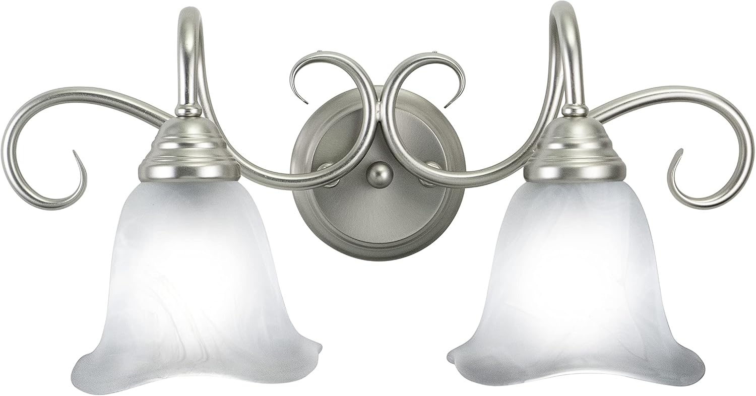 VAXCEL Bella 2-Light 19.75 inch Wide Brushed Nickel Transitional Bathroom Vanity Lighting Fixture, White Alabaster Scalloped Glass Shade, Dimmable, LED Compatible, Over The Mirror Mounted Wall Sconce