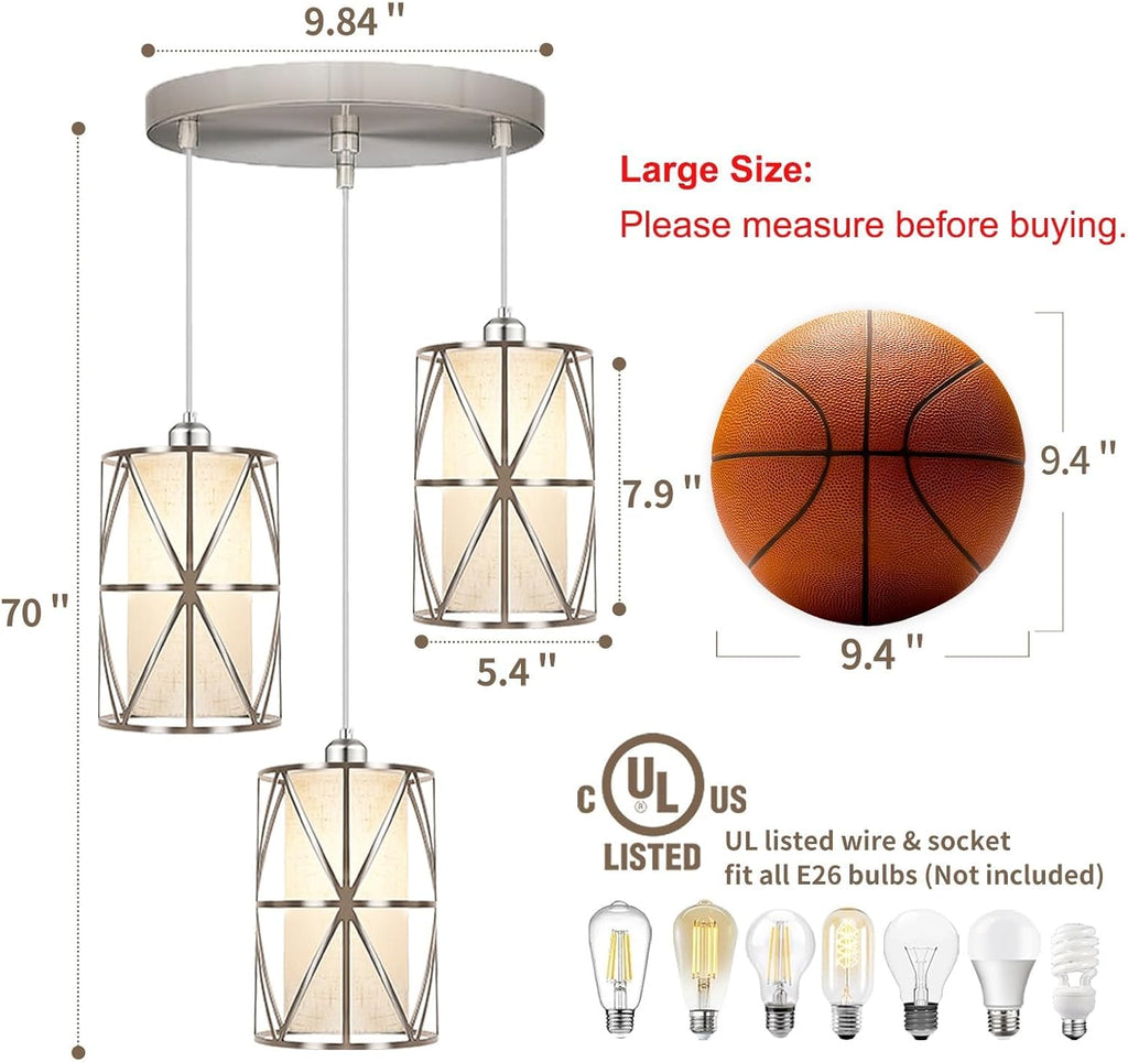 Brushed Nickel 3 Light Chandelier, Adjustable Height Pendant Lights Kitchen Island, Modern Pendant Lights with Linen Shade, Kitchen Light fixtures for Kitchen, Dining Room, Living Room