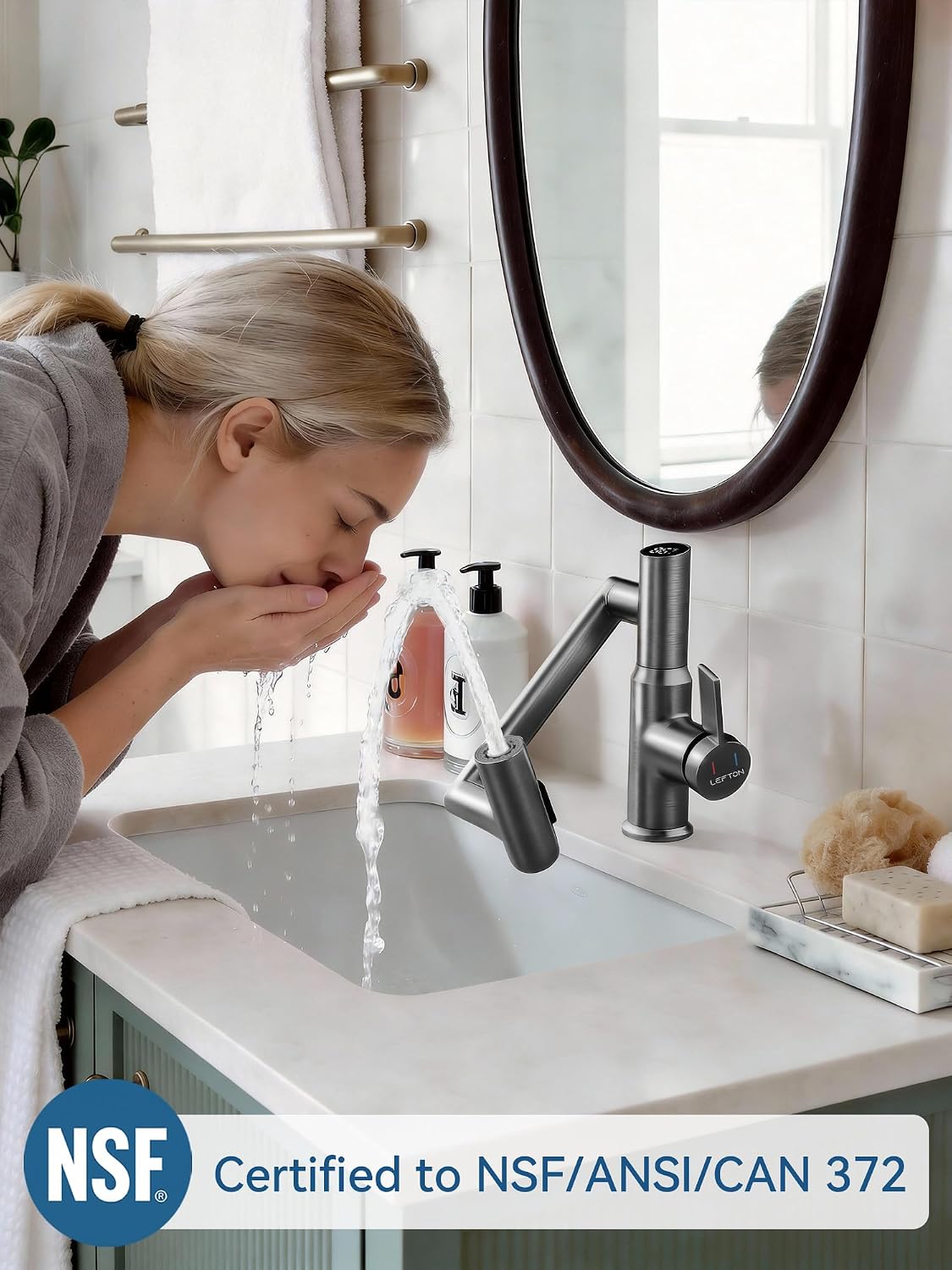 Lefton Rotatable Bathroom Faucet with Temperature Display in Fahrenheit (Batteries-Free), 3 Water Modes, Dark Grey, BF2204-2