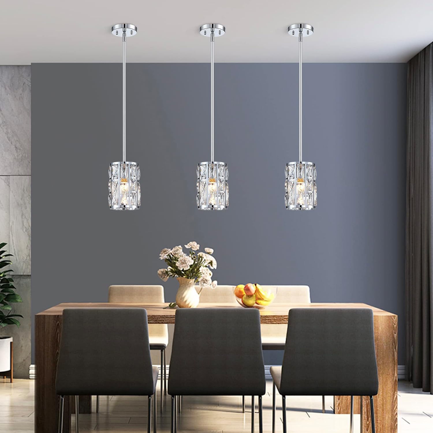 MEXO Modern Crystal Pendant Light Fixture 3-Pack Chrome Finish Hanging Lighting Crystal Chandelier for Kitchen Island