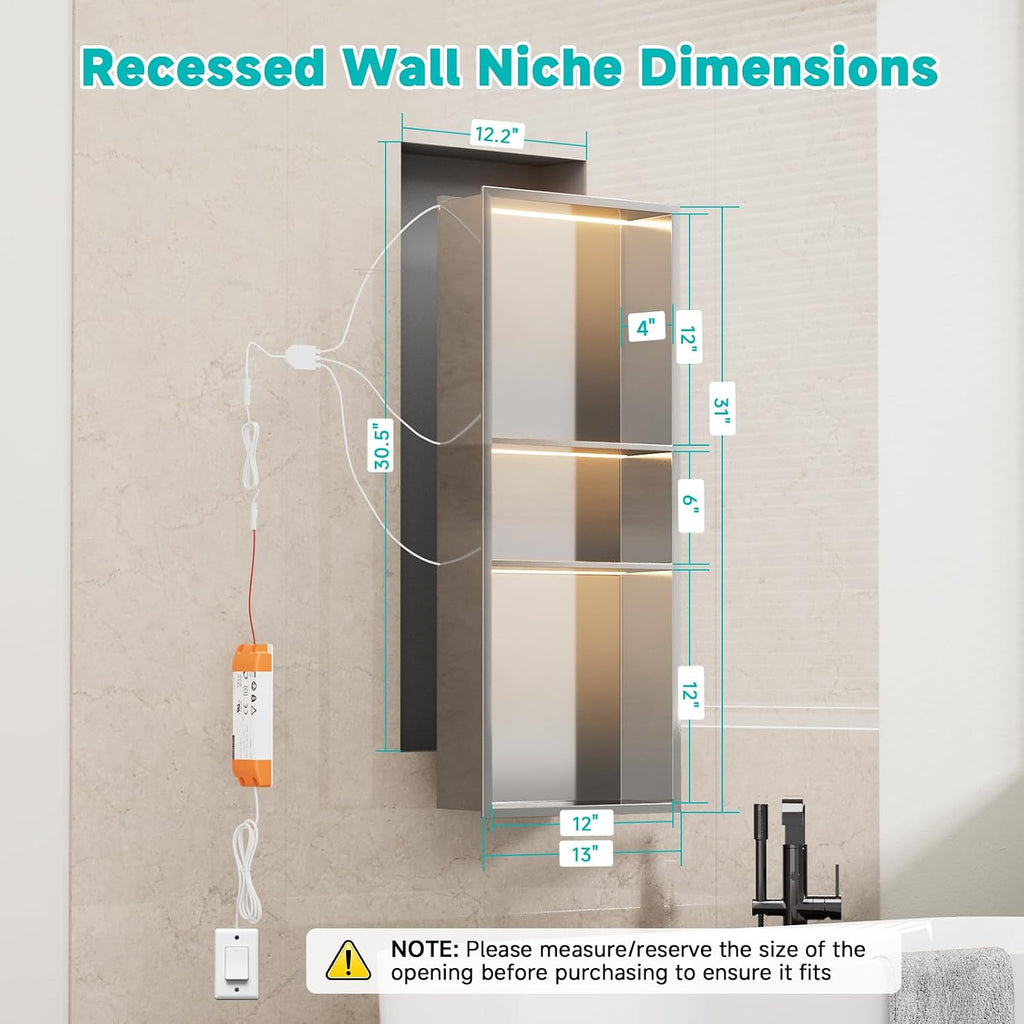 Stainless Steel LED Lights Shower Niche 12' x 30' – Recessed Wall Niche with 3-Tier Storage, Waterproof & Rustproof Modern Bathroom Shower Shelf (Brushed)
