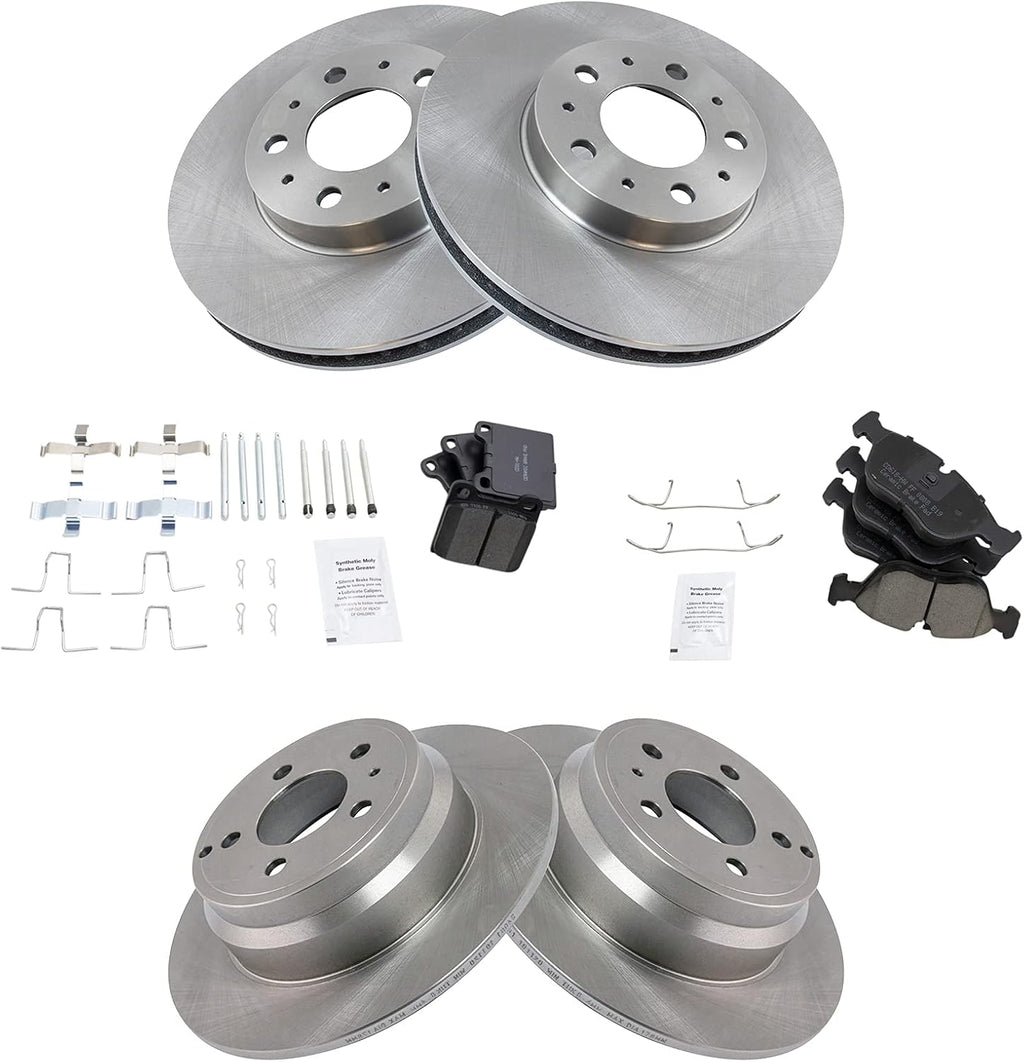 TRQ Front and Rear Brake Pad and Rotor Set Ceramic Vented Rotors 280mm Front Diameter Compatible with 1994-1997 Volvo 850 1998-2004 C70 1998-2000 S70 V70