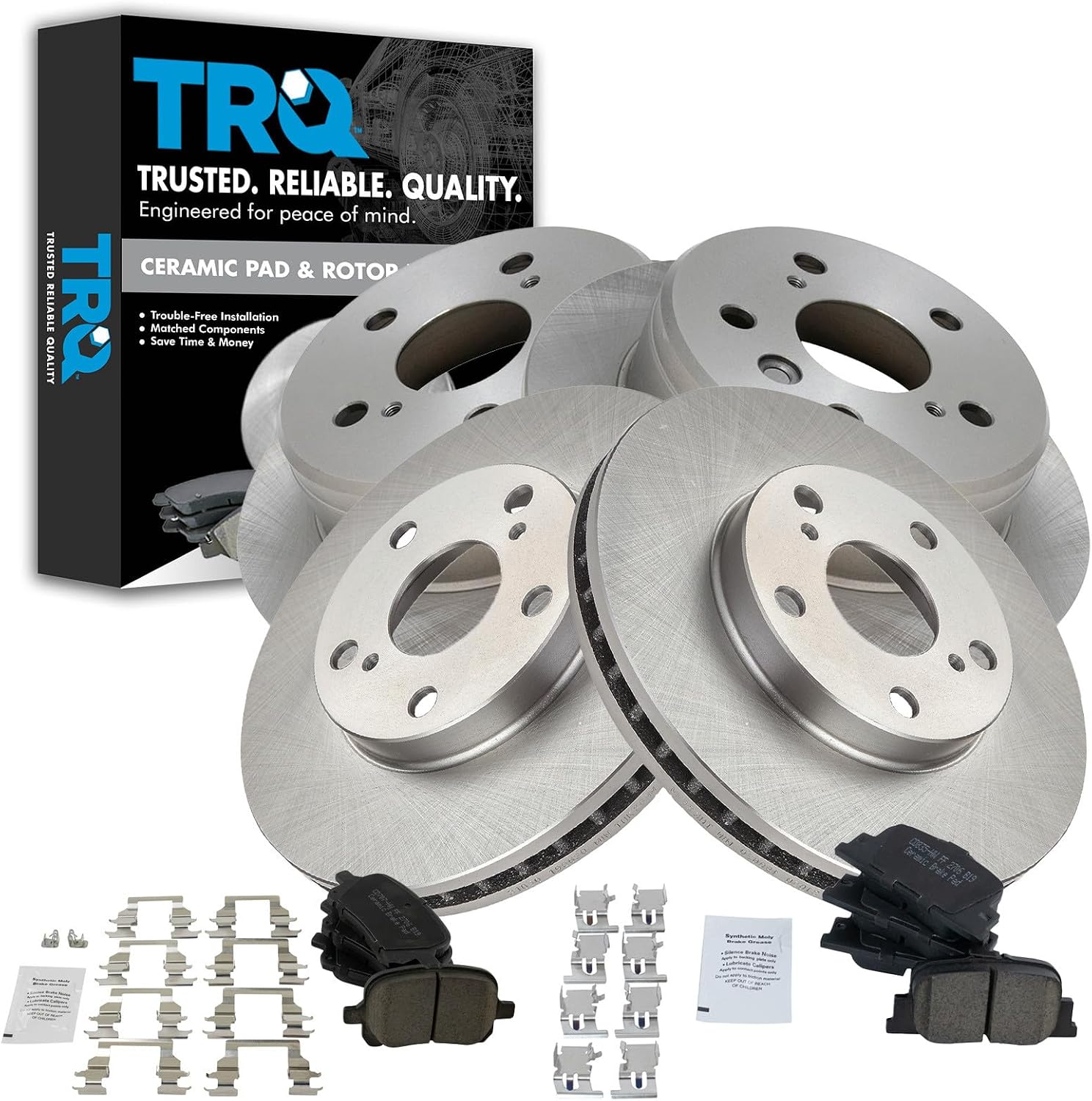 TRQ Front and Rear Brake Pad and Rotor Set Ceramic Vented Solid Rotors Compatible with 2000-2001 Lexus ES300 Toyota Camry
