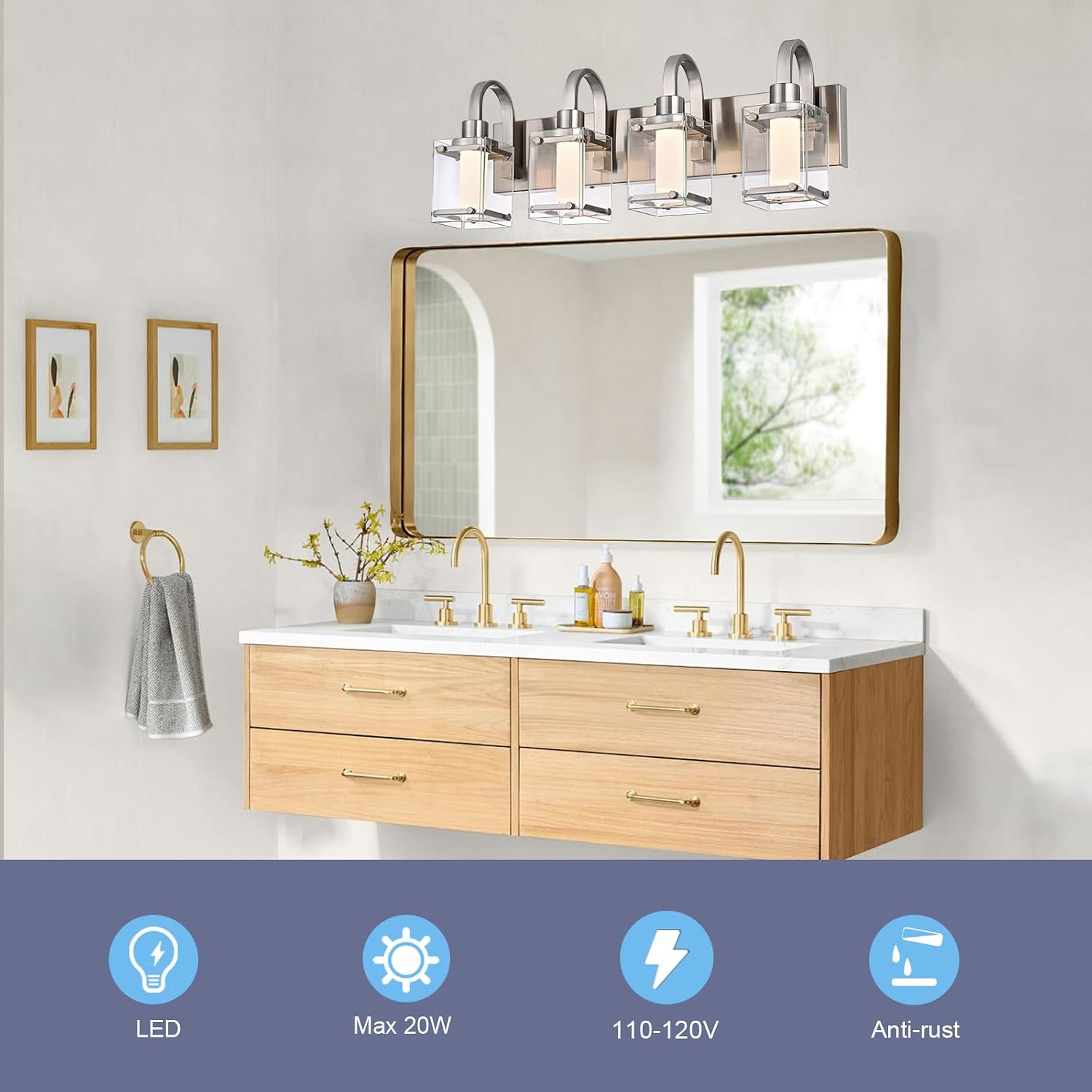 4-Light Brushed Nickel Vanity Light Fixtures, Modern LED Bathroom Wall Lights for Dressing Room, Integrated LED Chips with Frosted Column & Clear Square Glass Shades, Energy Saving Wall Sconce