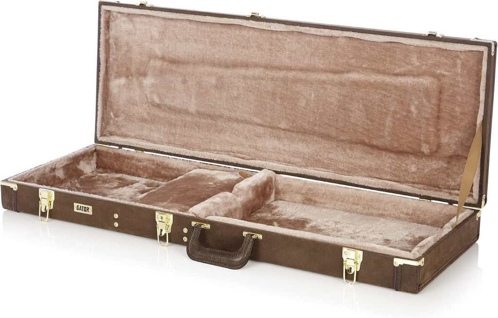 Gator GW-ELECT-VIN Deluxe Wood Case for Double-Cutaway Electric Guitars - Vintage Brown Bundle with Picks, Strap, Instrument Cable, and Austin Bazaar Polishing Cloth