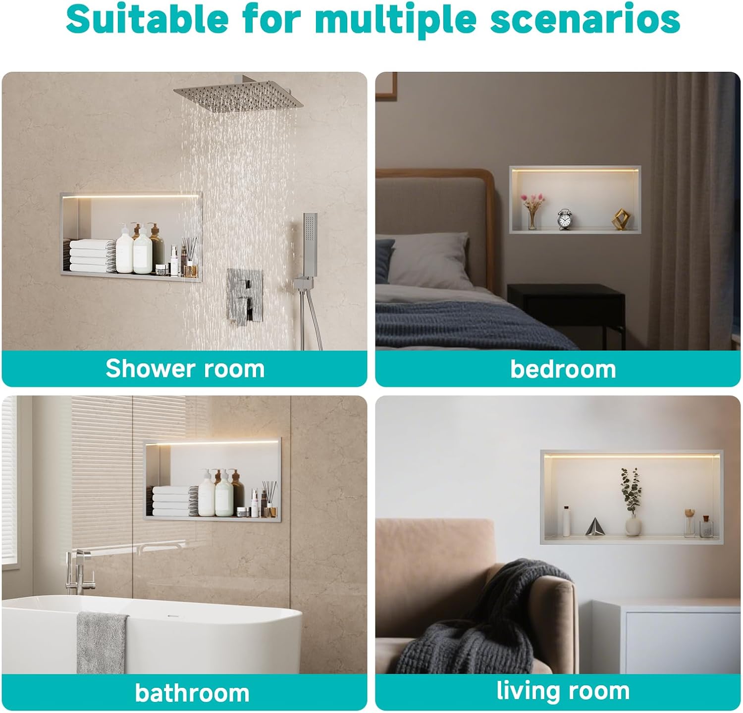 Stainless Steel Shower Niche with LED Lights 12' x 24' Recessed Wall Niche, No Tile Needed Bathroom Storage Shelf (Brushed)