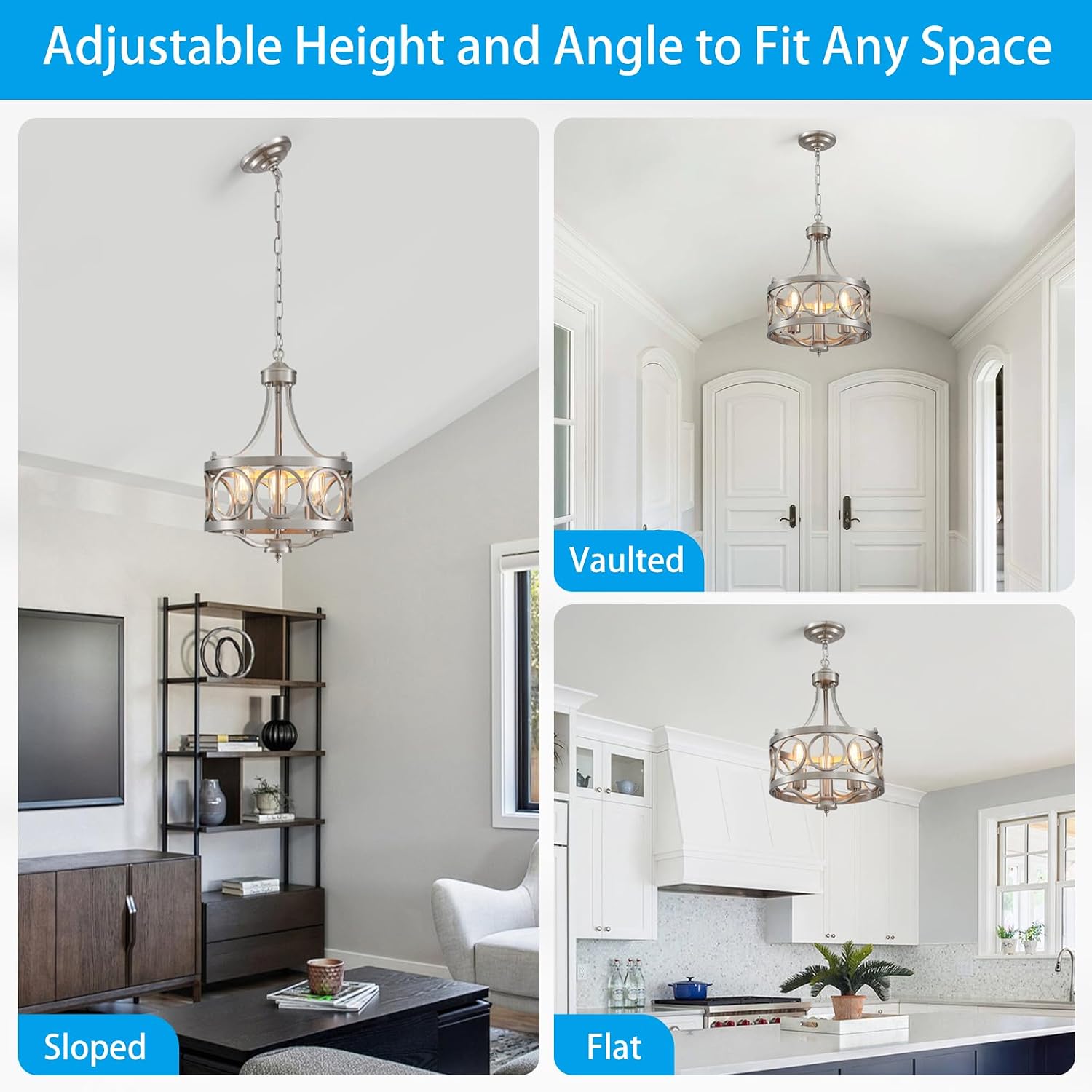 XINGQI 12.6' Modern Farmhouse Brushed Nickel Chandeliers Dining Room Light Fixture Over Table Rustic Metal Drum Pendant Hanging Lamp for Entryway Bedroom Kitchen 3-Light Round Small Chandelier
