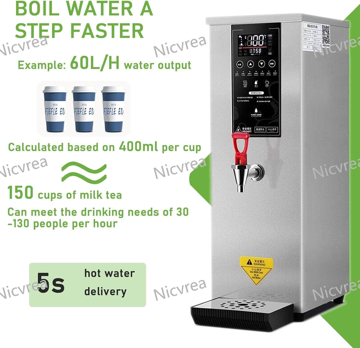 1000W Commercial Hot Water Dispenser Countertop, 25L(6.6Gal) /H Step-Heating Stainless Steel Water Boiler with Temperature Adjust for Boba Tea Office Restaurant Hotel Silver