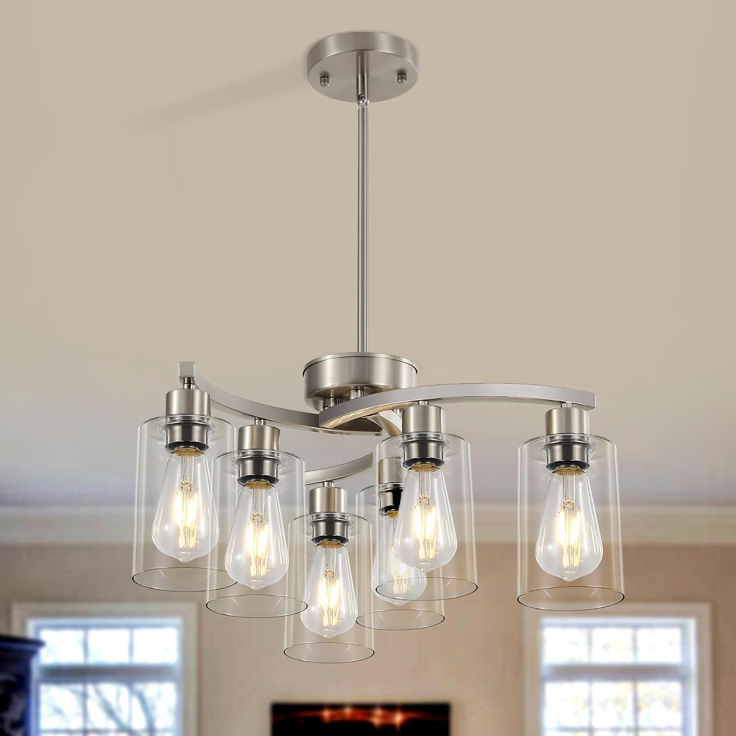 Sigaitwei 6 Light Farmhouse Brushed Nickel Chandelier,21.7' Modern Chandeliers for Dining Room Light Fixtures Over Table,Pendant Lights Kitchen Island,Metal Bracket with Downward Clear Glass Shade