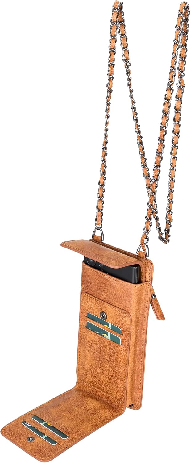 Crossbody Women Wallet fits iPhone 16 Pro MAX / 17 Pro MAX and All Mobile Devices up to 6.9' - Zippered Women Purse, Shoulder Bag with Card Holder, Pocket & Chain Strap, Trendy (Almond)