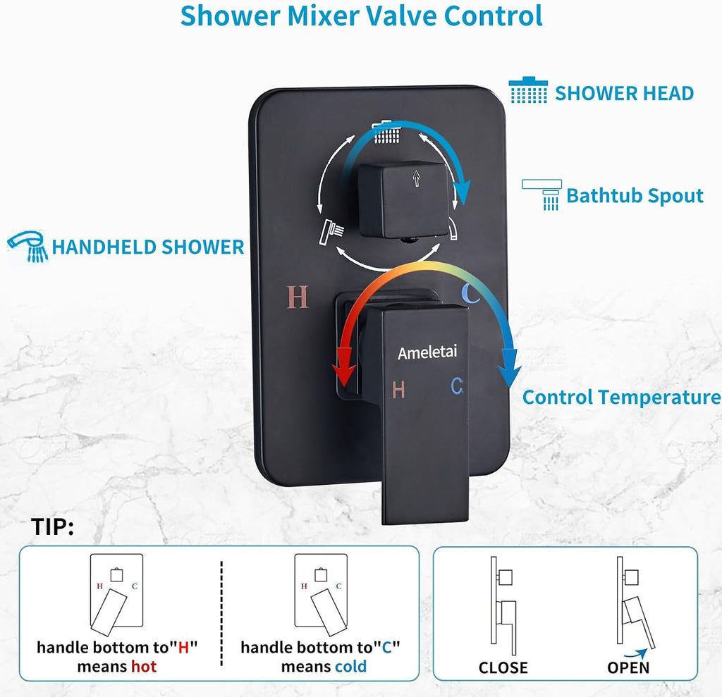 10' Matte Black Shower Faucet Set – Square Rainfall Showerhead + Handheld & Waterfall Spout, Wall-Mounted, Anti‑Clog Silicone – Modern Bathroom Hardware