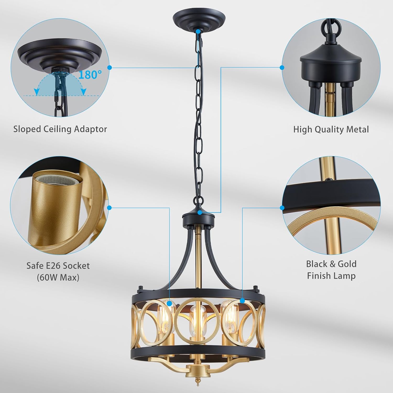 XINGQI 12.6' Modern Farmhouse Chandelier 13 Inch Black Gold Chandeliers Small Drum Dining Room Light Fixture 3-Light Rustic Metal Pendant Lamp for Entryway Bedroom Hallway E26 Base