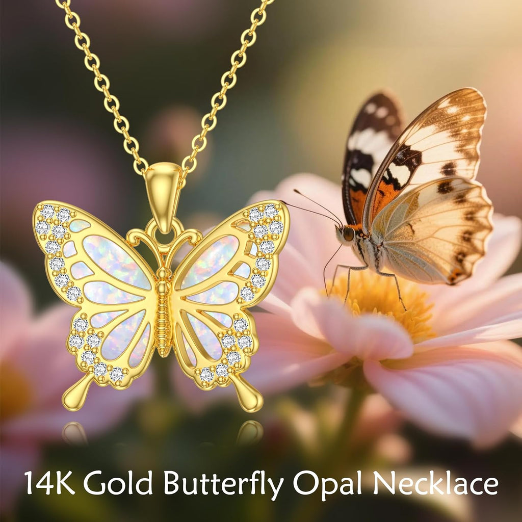 DOVRAN Real Solid Gold Birthstone Butterfly/Dragonfly/Bee/Hummingbird Necklace for Women Yellow Gold Animal Pendant for Christmas Dainty Jewelry Birthday Gifts for Mom Wife