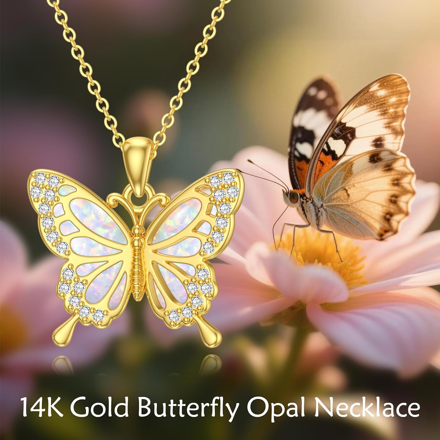 DOVRAN Real Solid Gold Birthstone Butterfly/Dragonfly/Bee/Hummingbird Necklace for Women Yellow Gold Animal Pendant for Christmas Dainty Jewelry Birthday Gifts for Mom Wife