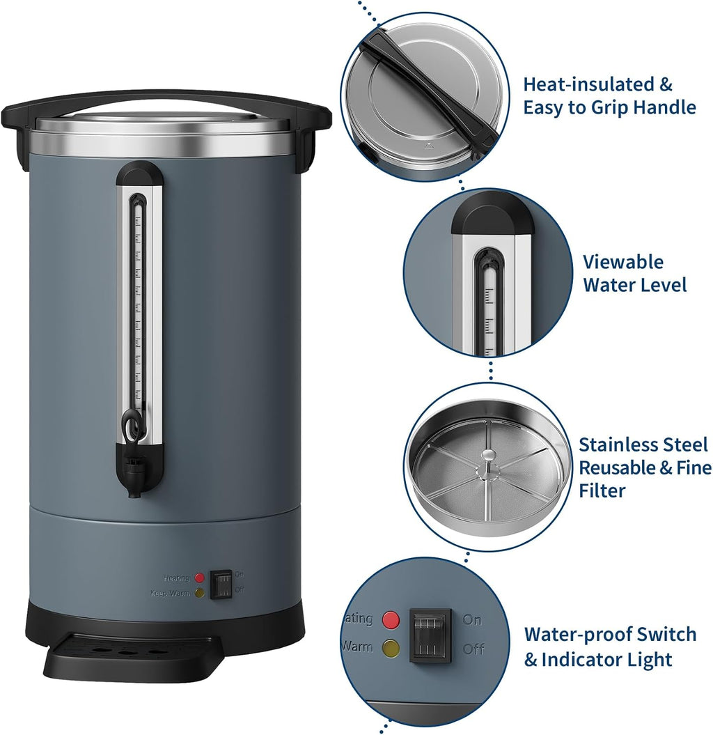 TROPOW Double Wall Insulated Commercial Coffee Urn - 14L/3.8Gal Stainless Steel Electric Coffee Maker - Fast Brew, Hot Beverage & Water Dispenser for Catering, Events, Large Capacity - 14L