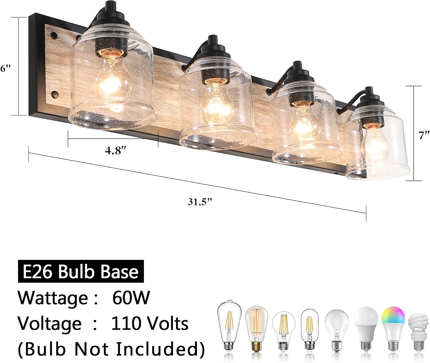 31.5 in. Large 4-Light Vanity Lights for Bathroom, Farmhouse Rustic Bathroom Lighting Fixtures Over Mirror with Bubble Glass Shades, Gray Wood-Look Metal Bath Wall Sconce Home Decor