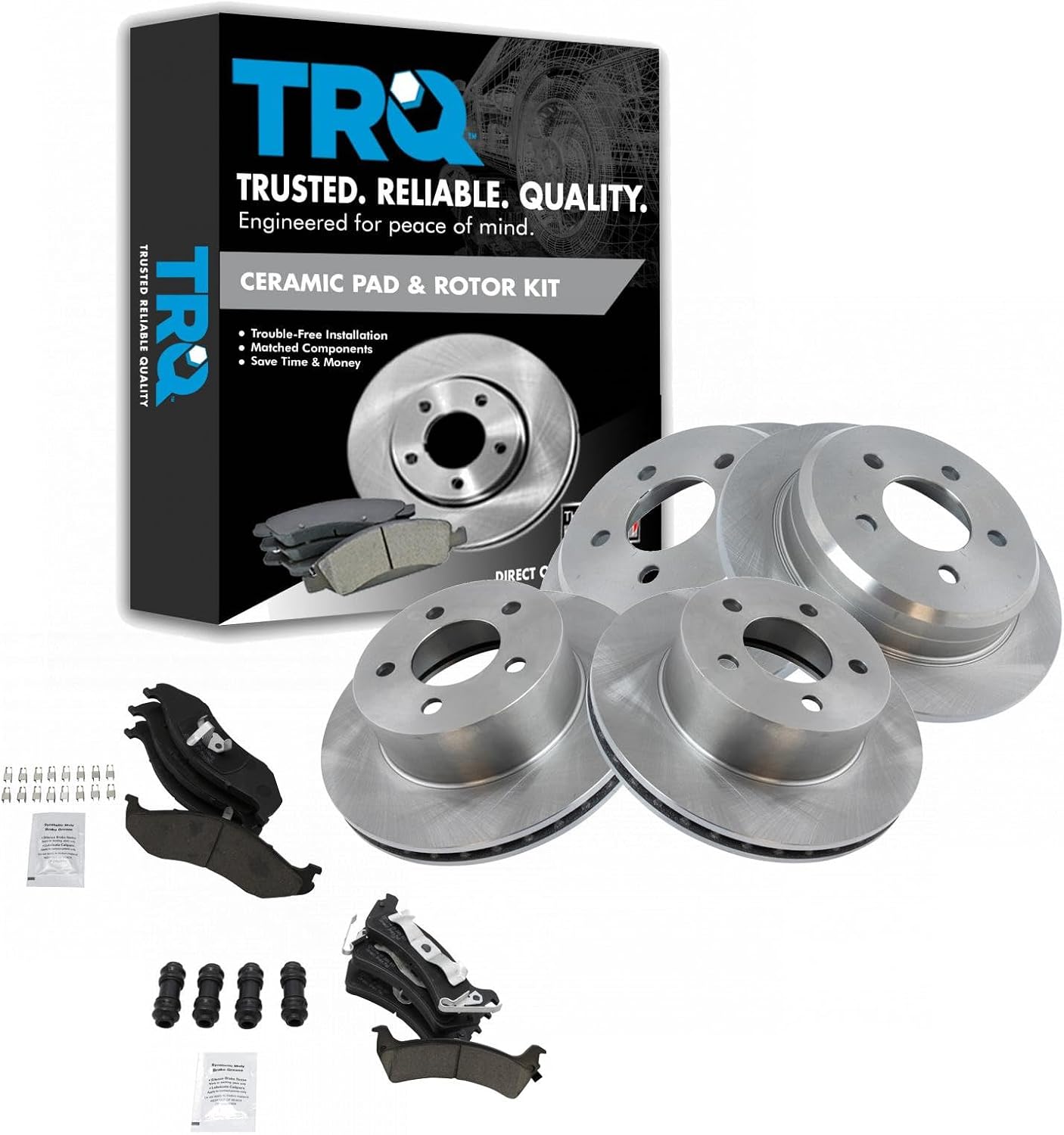 TRQ Front and Rear Brake Pad and Rotor Set Ceramic Vented Solid Rotors Compatible with 1995-1998 Jeep Grand Cherokee